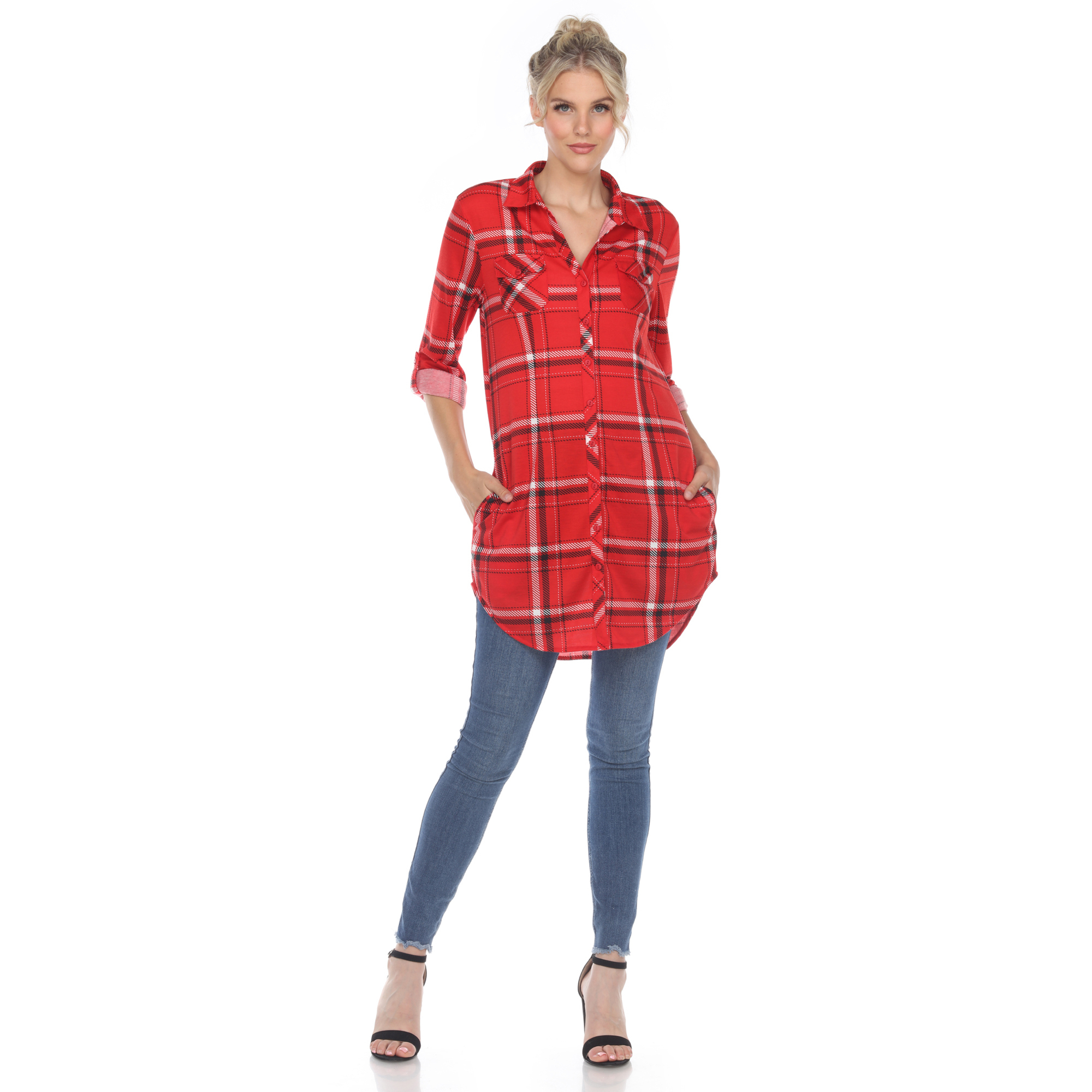White Mark Women's Stretchy Windowpane Plaid Tunic Top - Red, Small