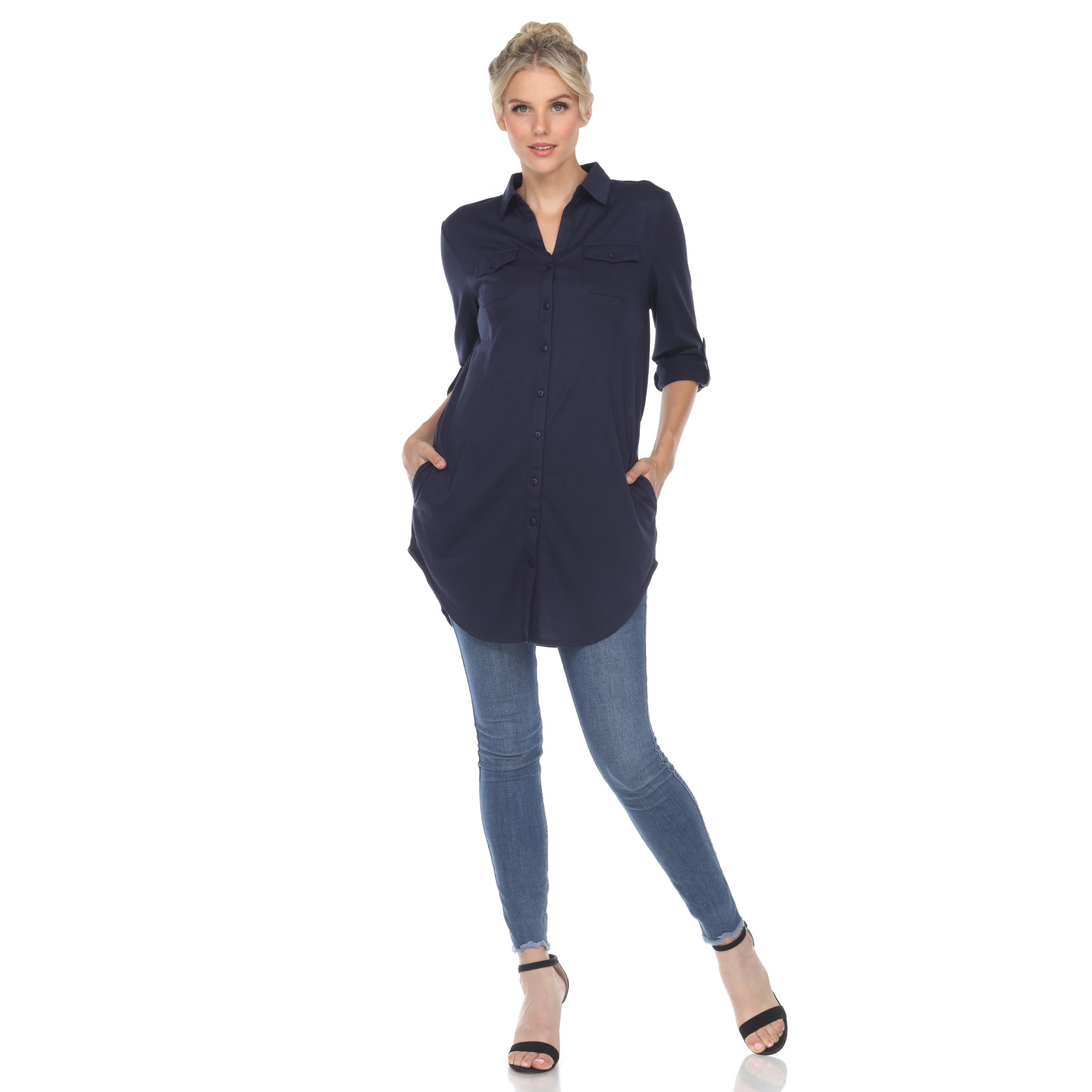 White Mark Women's Stretchy Quarter Sleeve Button Down Tunic Top With Pockets - Navy, 1X