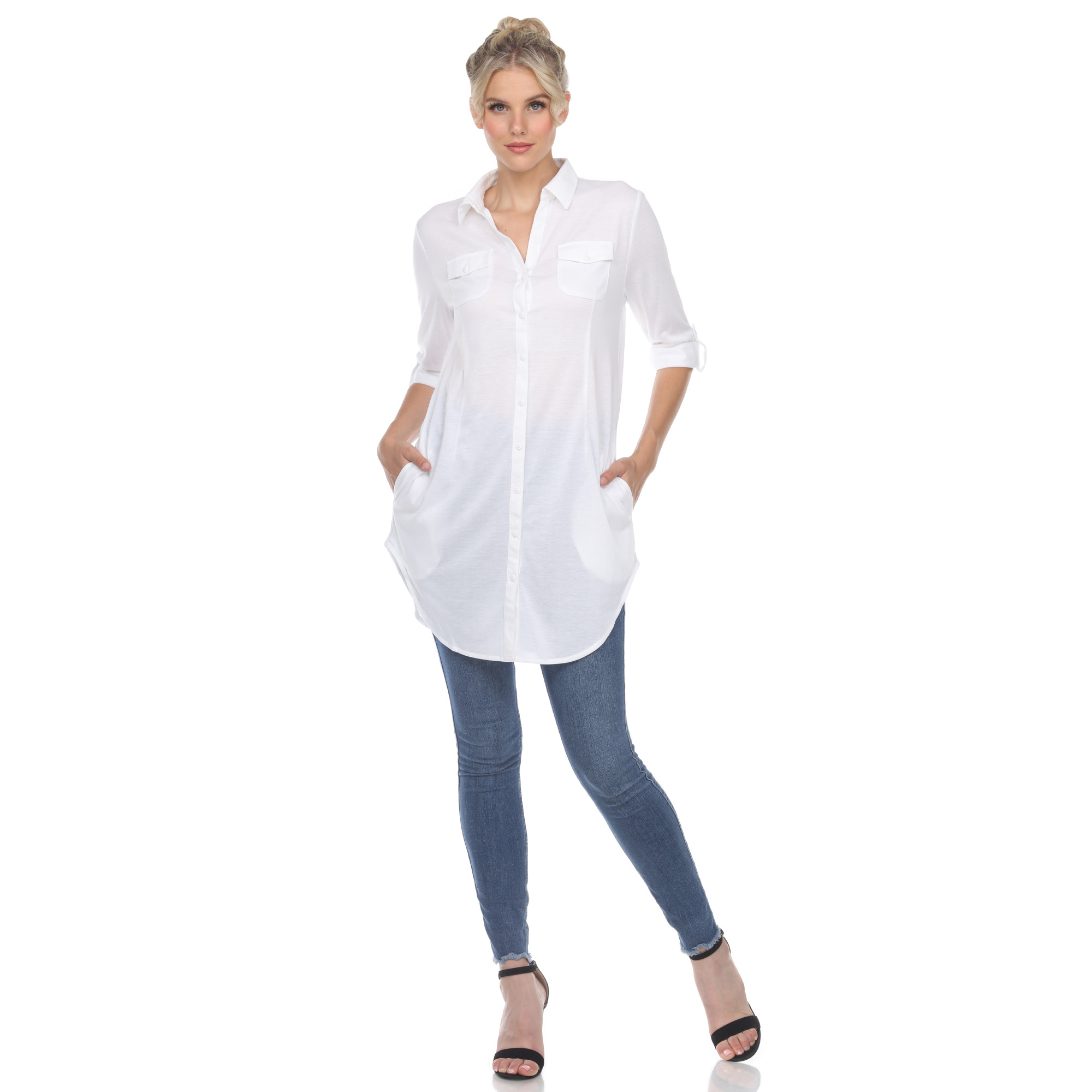 White Mark Women's Stretchy Quarter Sleeve Button Down Tunic Top With Pockets - White, Small