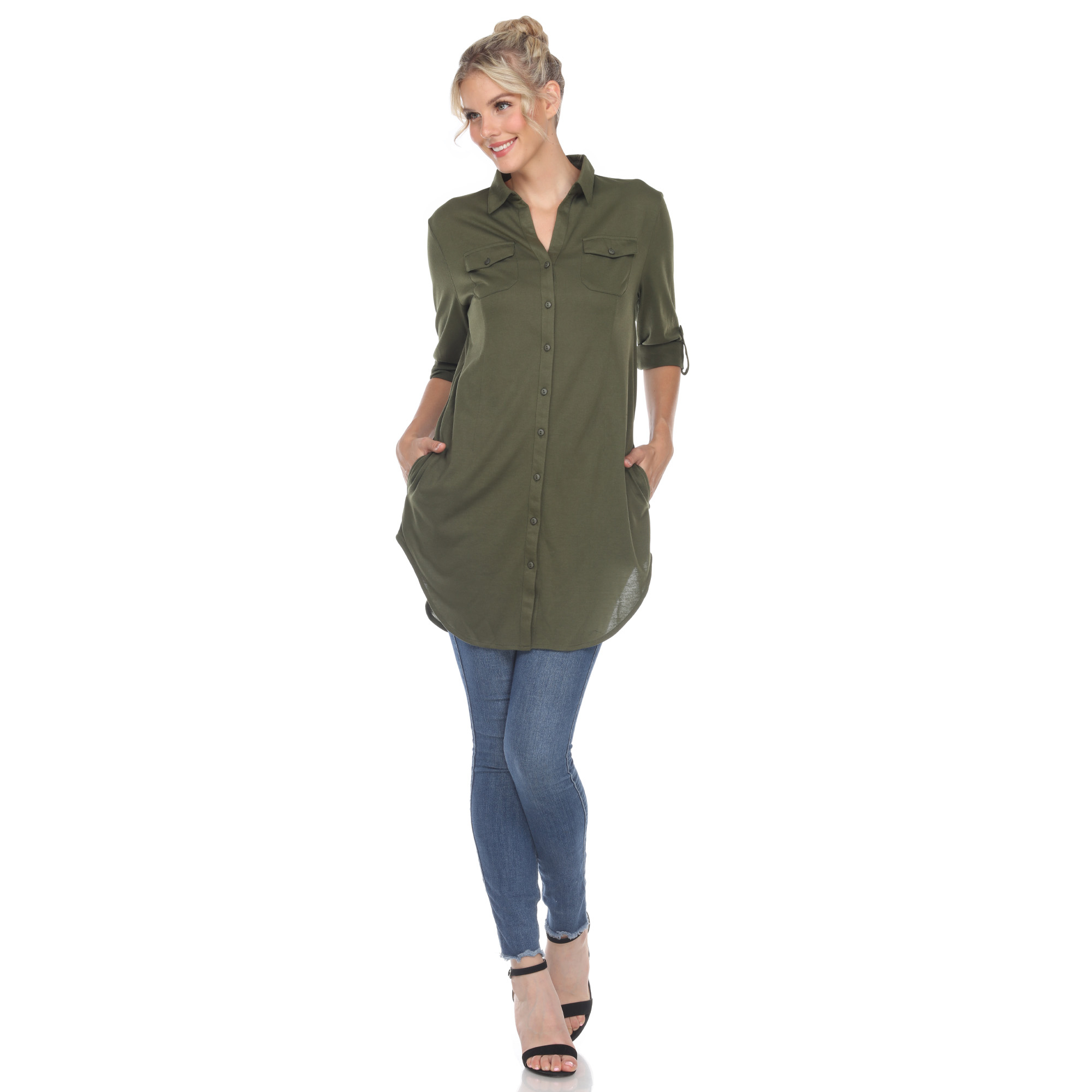 White Mark Women's Stretchy Quarter Sleeve Button Down Tunic Top With Pockets - Olive, Small