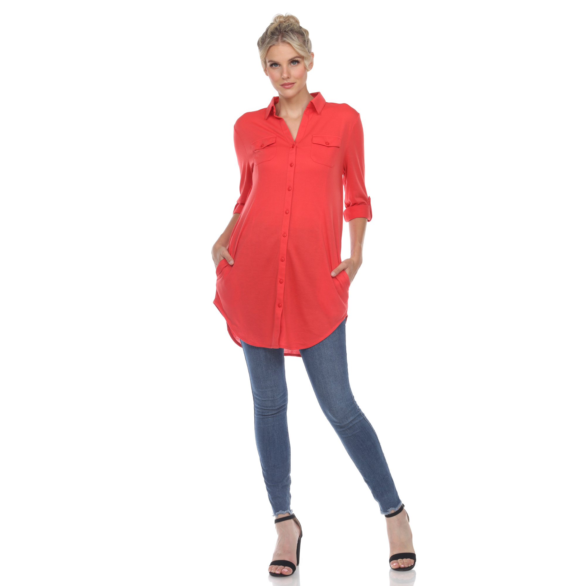 White Mark Women's Stretchy Quarter Sleeve Button Down Tunic Top With Pockets - Red, Small