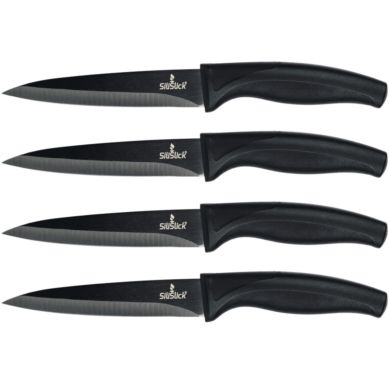SiliSlick Stainless Steel Steak Knife Black Handle And Blade Set Of 4 - Titanium Coated Kitchen Straight Edge For Cutting Meat