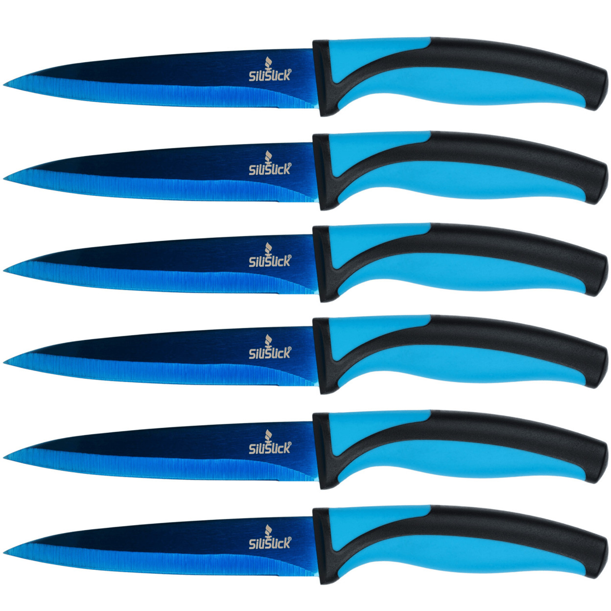 SiliSlick Stainless Steel Steak Knife Set Of 6 -Blue Handle And Blue Blade - Titanium Coated With Straight Edge For Cutting Meat