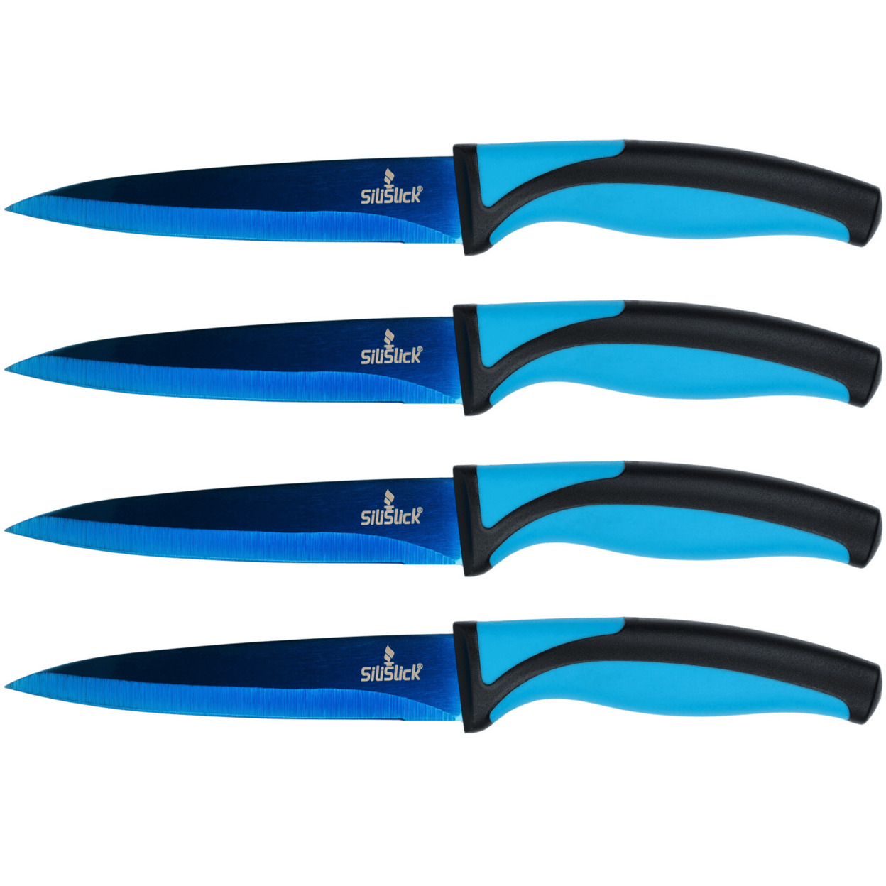 SiliSlick Stainless Steel Steak Knife Blue Handle And Blade Set Of 4 - Titanium Coated Kitchen Straight Edge For Cutting Meat