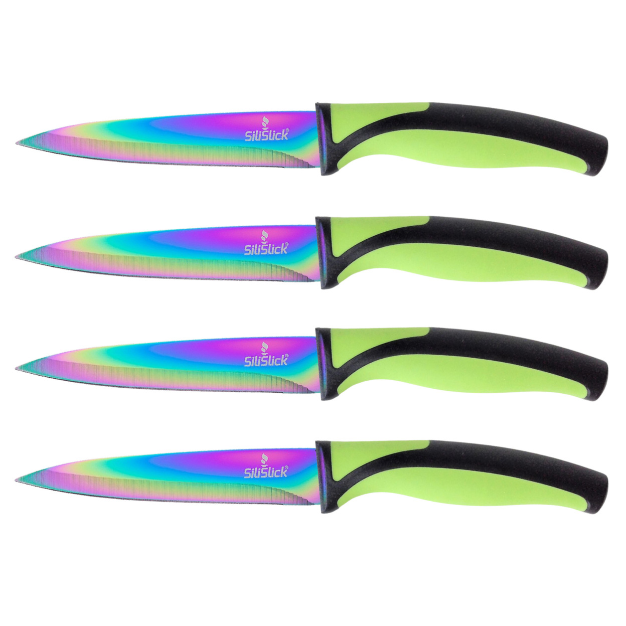 SiliSlick Stainless Steel Steak Knife Green Handle Set Of 4 - Titanium Coated Rainbow Iridescent Kitchen Straight Edge For Cutting Meat