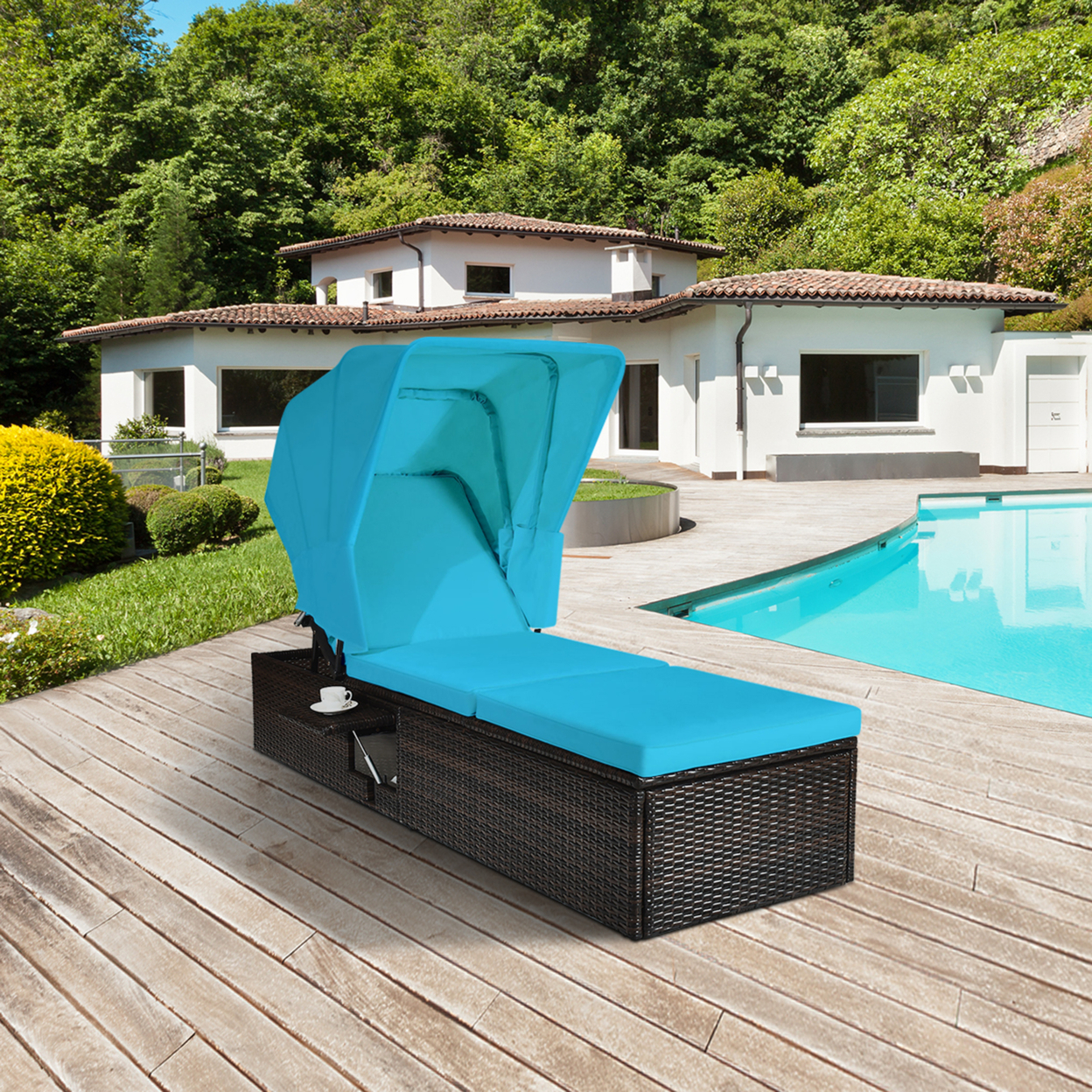 Rattan Patio Chaise Lounge Chair W/ Adjustable Canopy Turquoise Cushion