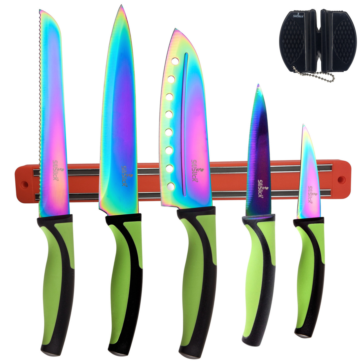 SiliSlick Stainless Steel Green Handle Knife Set - Titanium Coated Utility Knife, Santoku, Bread, Chef, & Paring + Sharpener & Mounting Rack