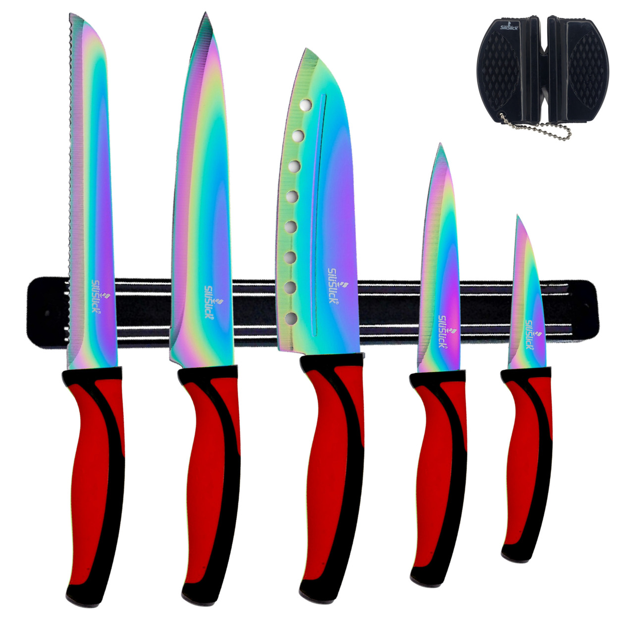 SiliSlick Stainless Steel Blue Handle Knife Set - Titanium Coated Utility Knife, Santoku, Bread, Chef, & Paring + Sharpener & Mounting Rack