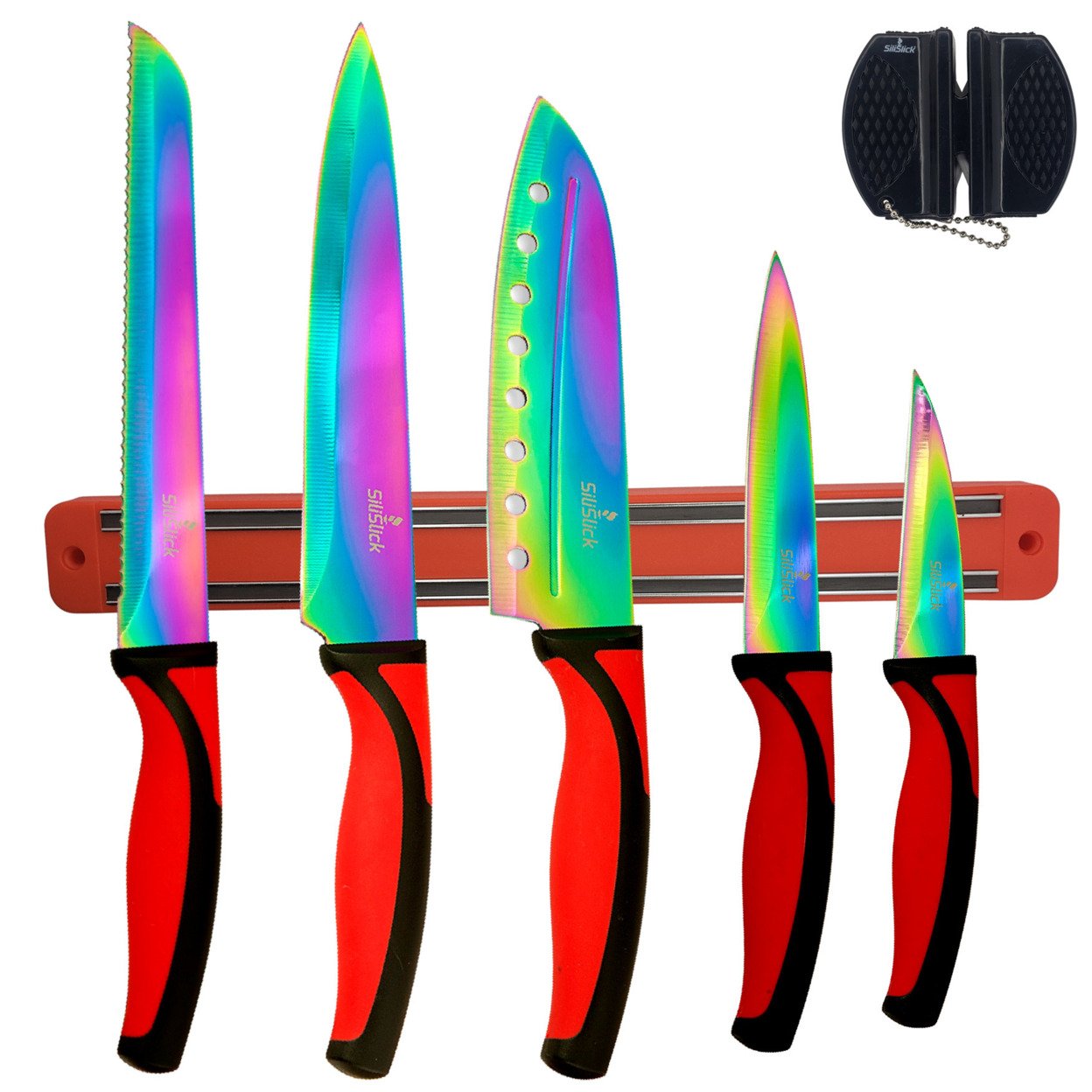SiliSlick Stainless Steel Red Handle Knife Set - Titanium Coated Utility Knife, Santoku, Bread, Chef, & Paring + Sharpener & Mounting Rack