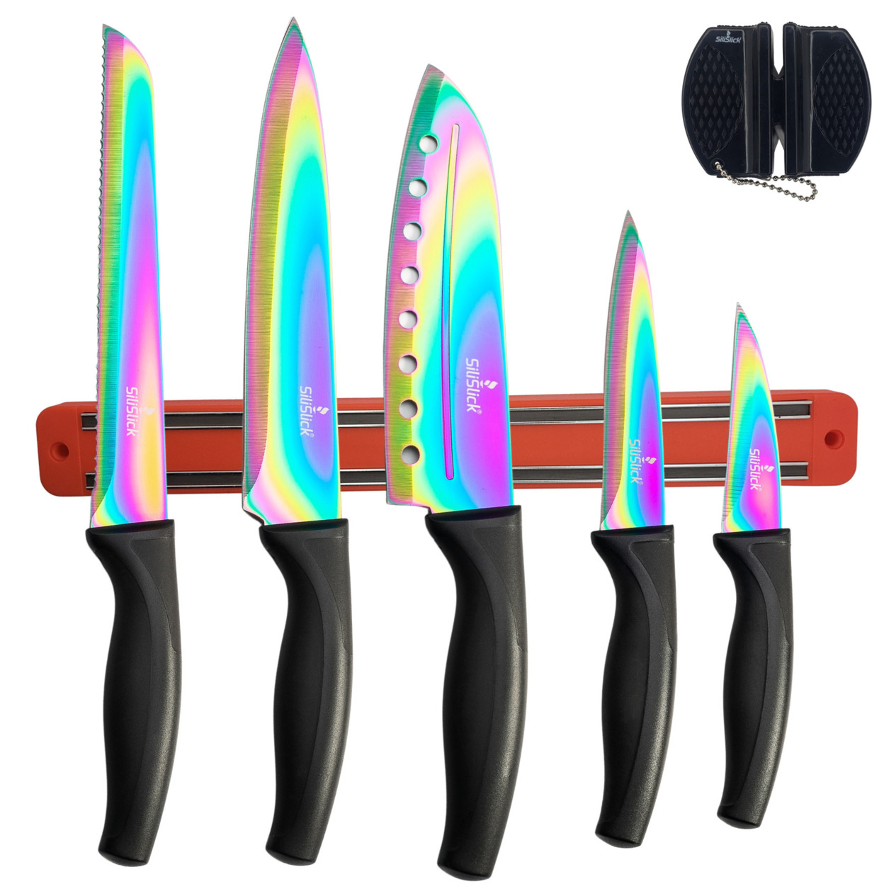 SiliSlick Stainless Steel Black Handle Knife Set - Titanium Coated Utility Knife, Santoku, Bread, Chef, & Paring + Sharpener & Mounting Rack