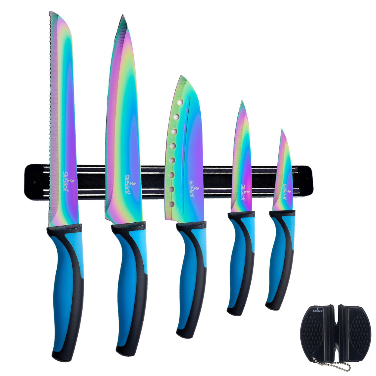SiliSlick Stainless Steel Blue Handle Knife Set - Titanium Coated Utility Knife, Santoku, Bread, Chef, & Paring + Sharpener & Mounting Rack