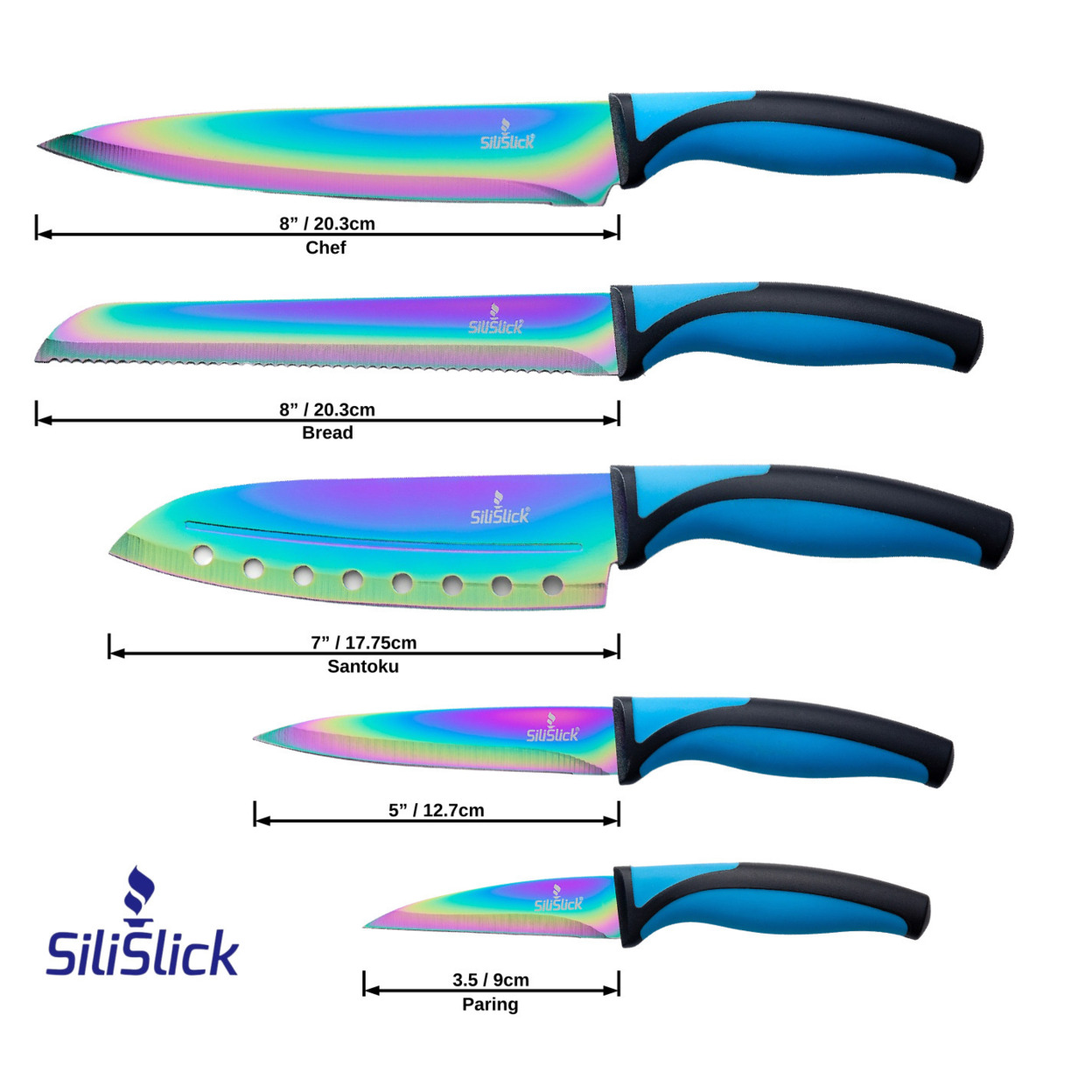 Silislick Stainless Steel Knife Set - Titanium Coated Utility Knife, Santoku,