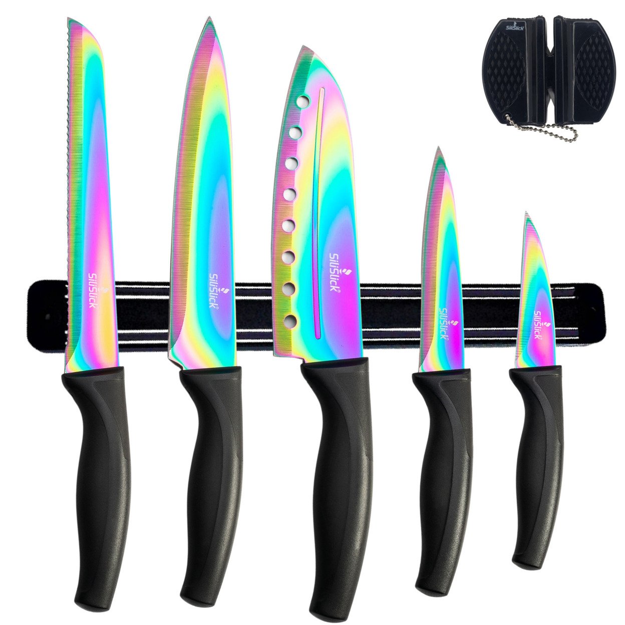 SiliSlick Stainless Steel Black Handle Knife Set - Titanium Coated Utility Knife, Santoku, Bread, Chef, & Paring + Sharpener & Mounting Rack