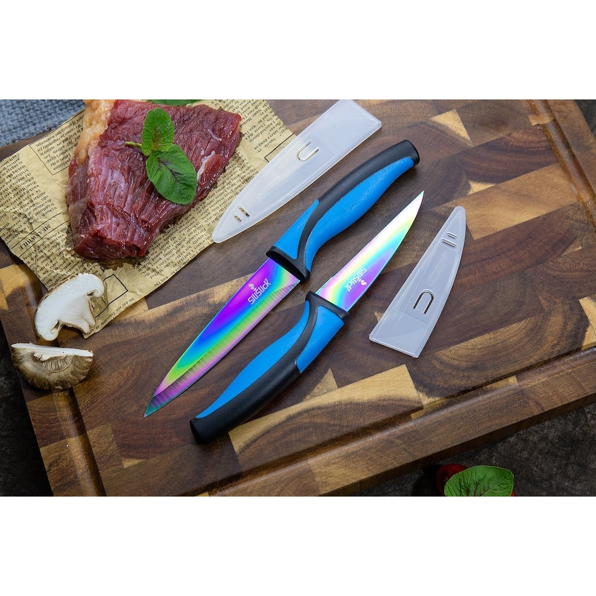 Silislick Stainless Steel Knife Set - Titanium Coated Utility Knife, Santoku,