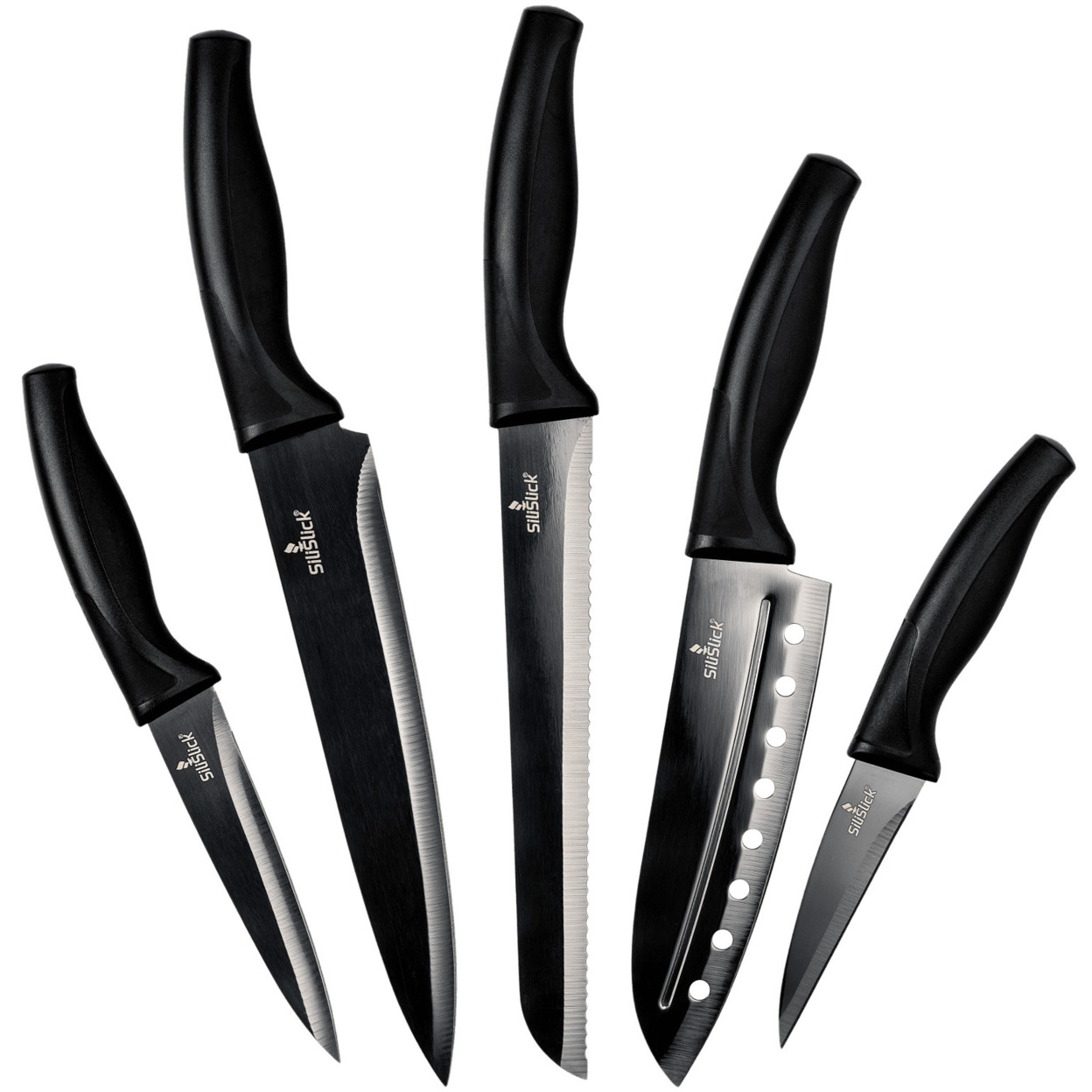 SiliSlick Stainless Steel Black Handle/Blade Knife Set - Titanium Coated Stainless Steel Kitchen Utility, Santoku, Bread, Chef, & Paring