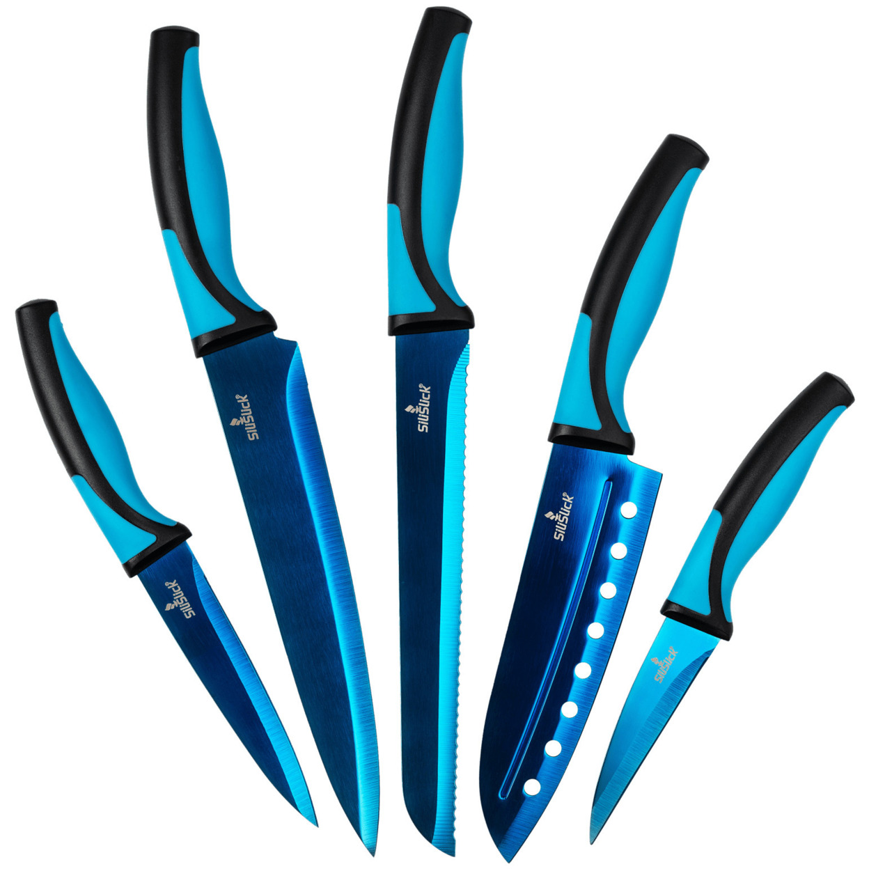 SiliSlick Stainless Steel Blue Handle/Blade Knife Set - Titanium Coated Stainless Steel Kitchen Utility, Santoku, Bread, Chef, & Paring