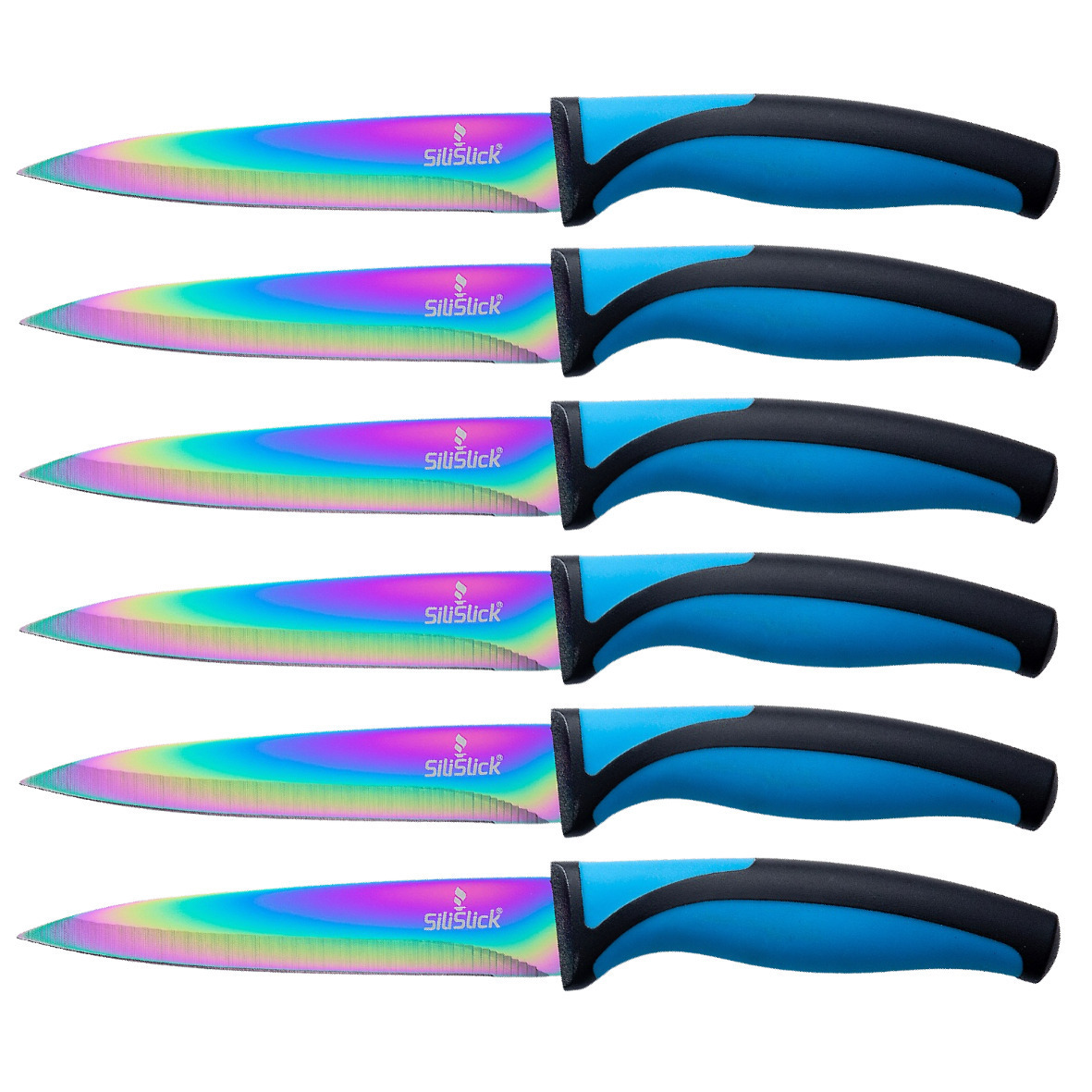 SiliSlick Stainless Steel Steak Knife Set Of 6 - Rainbow Iridescent Blue Handle - Titanium Coated With Straight Edge For Cutting Meat