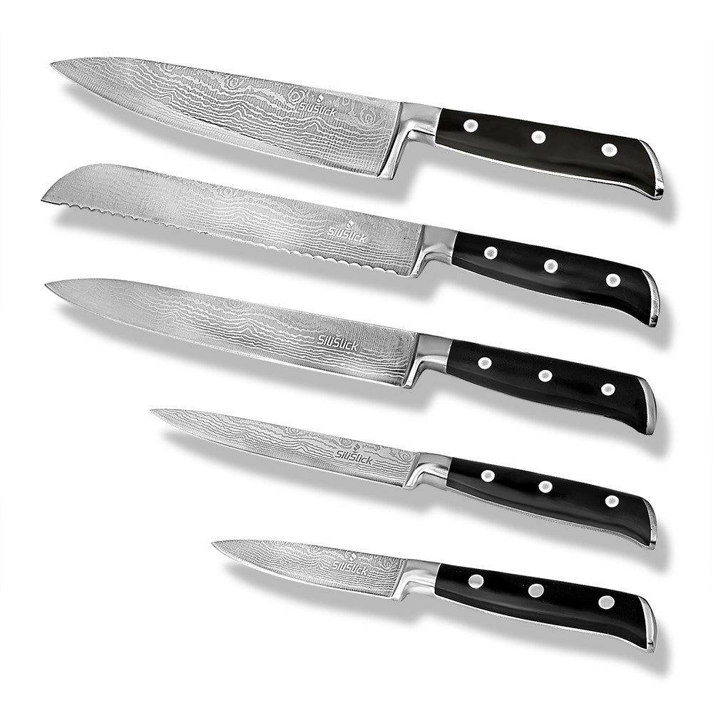 Damascus Etched Full Tang 5 Piece Knife Set