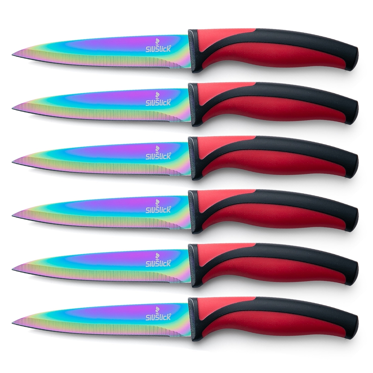 SiliSlick Stainless Steel Steak Knife Set Of 6 - Rainbow Iridescent Red Handle - Titanium Coated With Straight Edge For Cutting Meat