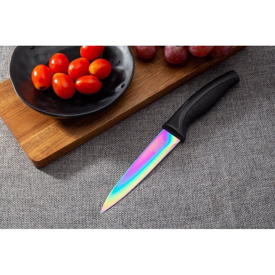 SiliSlick Stainless Steel Steak Knife Black Handle Set Of 4 - Titanium Coated Rainbow Iridescent Kitchen Straight Edge For Cutting Meat