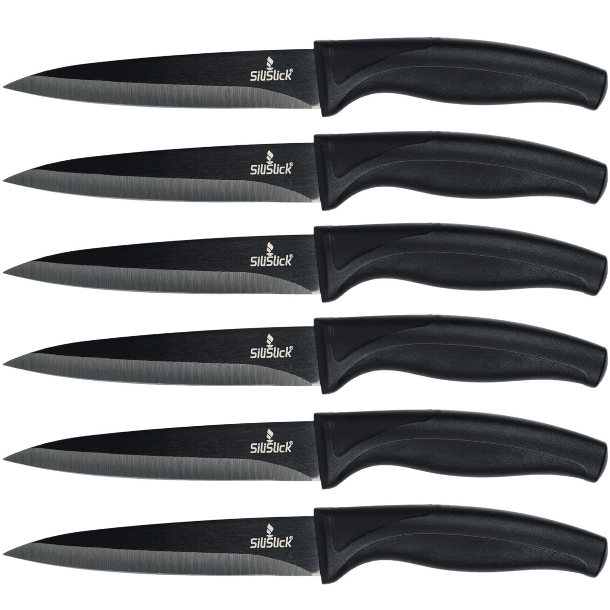 SiliSlick Stainless Steel Steak Knife Set Of 6 -Black Handle And Black Blade - Titanium Coated With Straight Edge For Cutting Meat