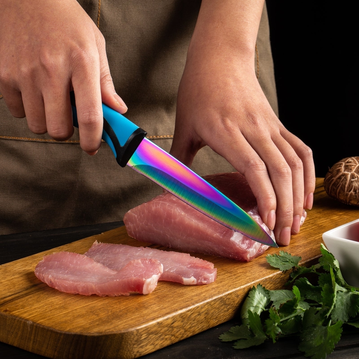 SiliSlick Stainless Steel Steak Knife Blue Handle Set Of 4 - Titanium Coated Rainbow Iridescent Kitchen Straight Edge For Cutting Meat
