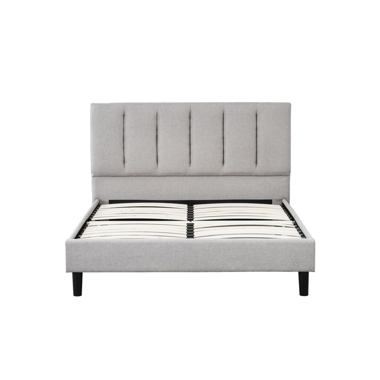Heli Queen Bed, Gray Linen Upholstered Frame, Vertical Tufted Headboard- Saltoro Sherpi