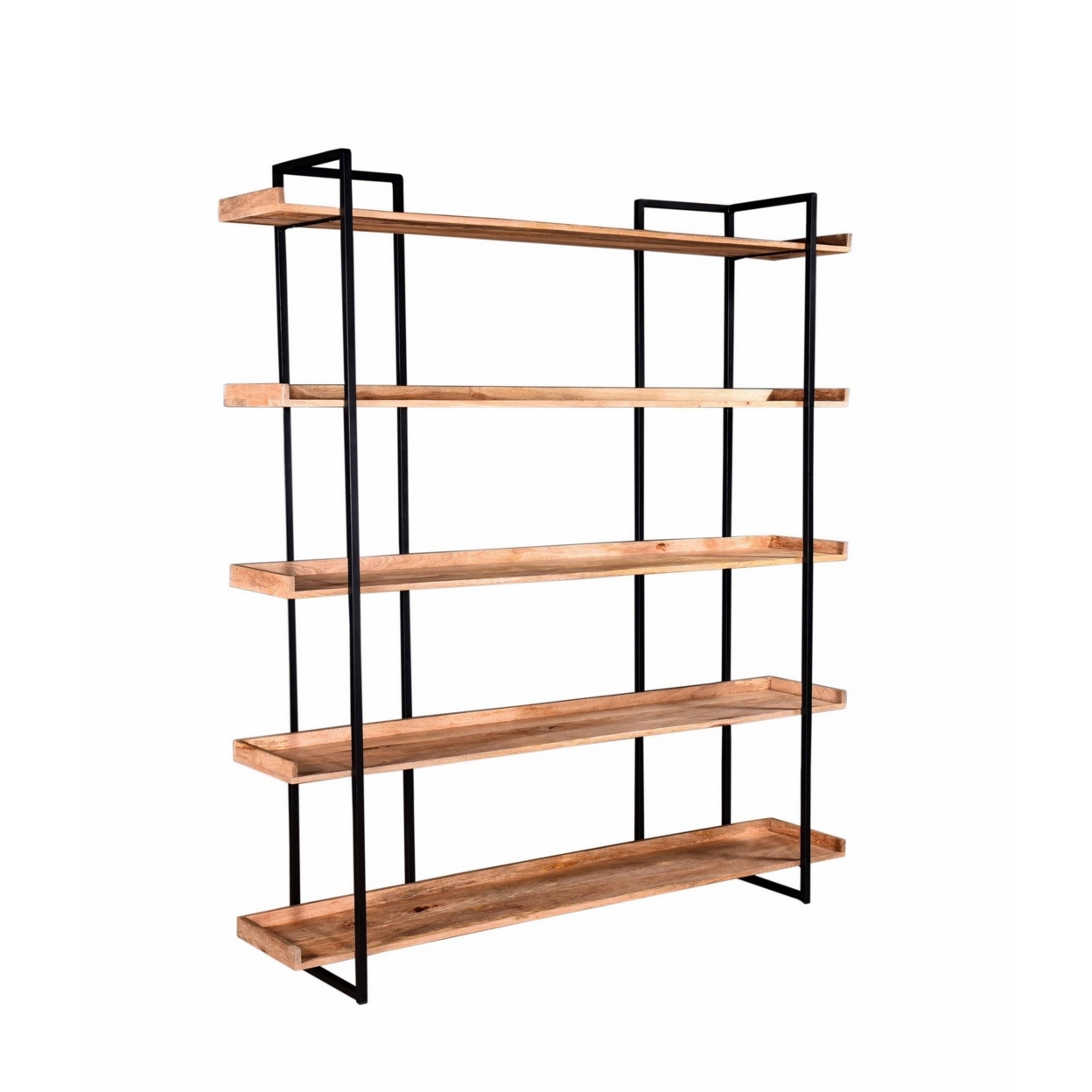 68 Inch Wide Bookshelf, Reclaimed Mango Wood Shelves, Black Metal Frame- Saltoro Sherpi