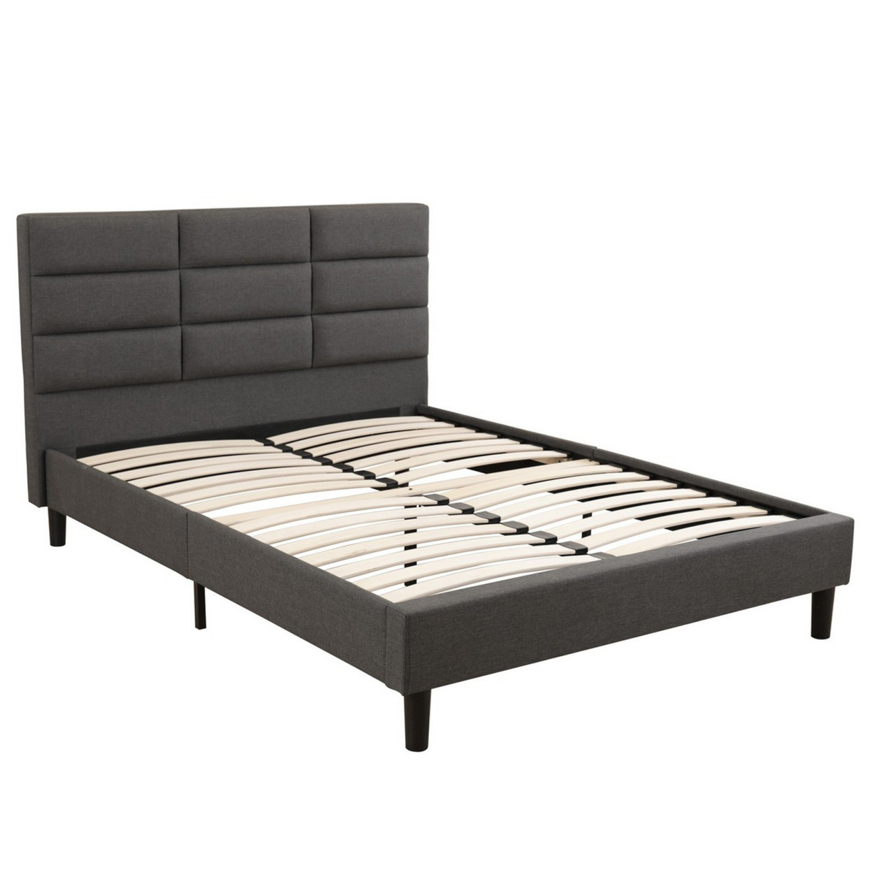 Rin Full Size Platform Bed, Charcoal Gray Linen Upholstery, Panel Headboard- Saltoro Sherpi
