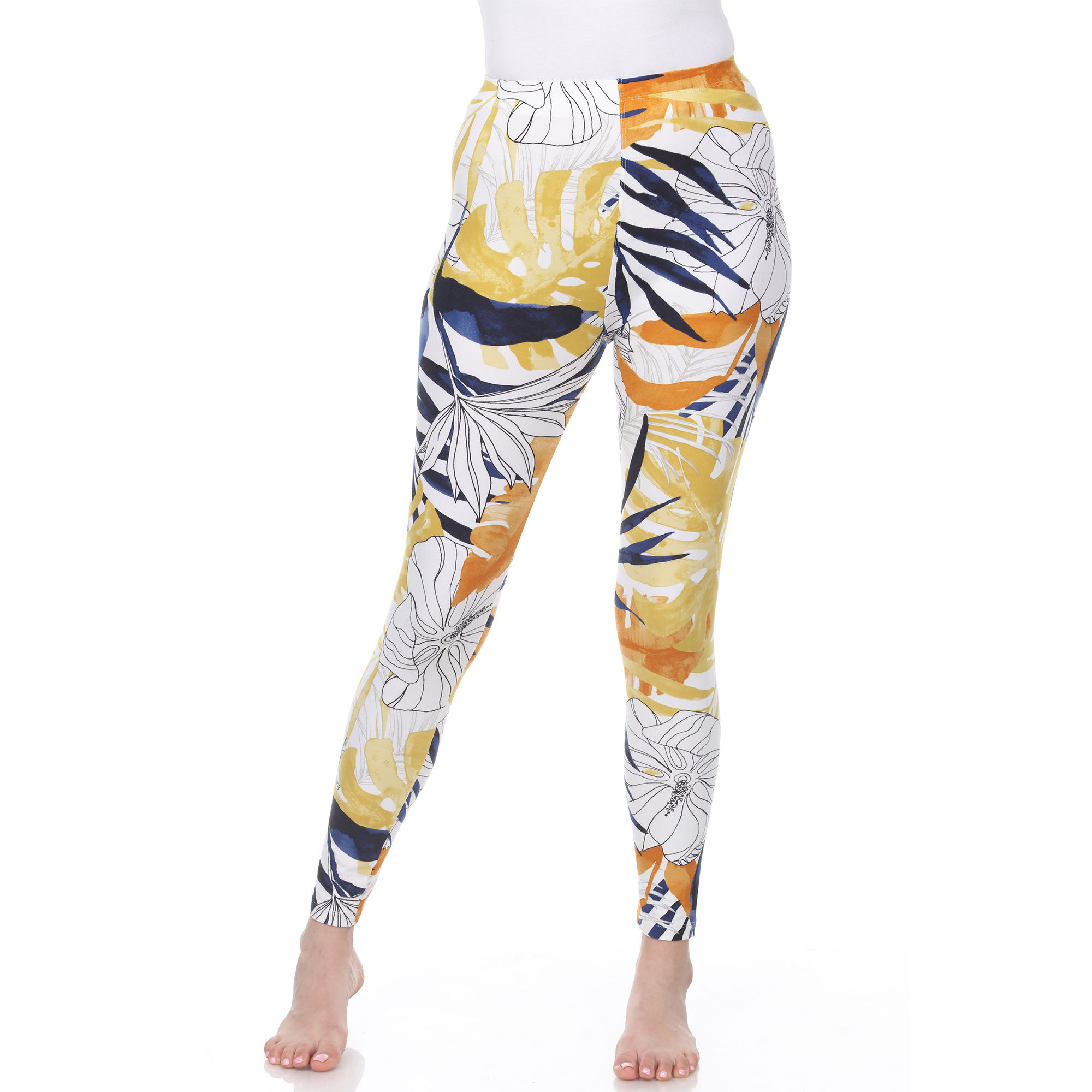 White Mark Women's Tropical Print Stretch Leggings - Beige/Lemon, Plus Size