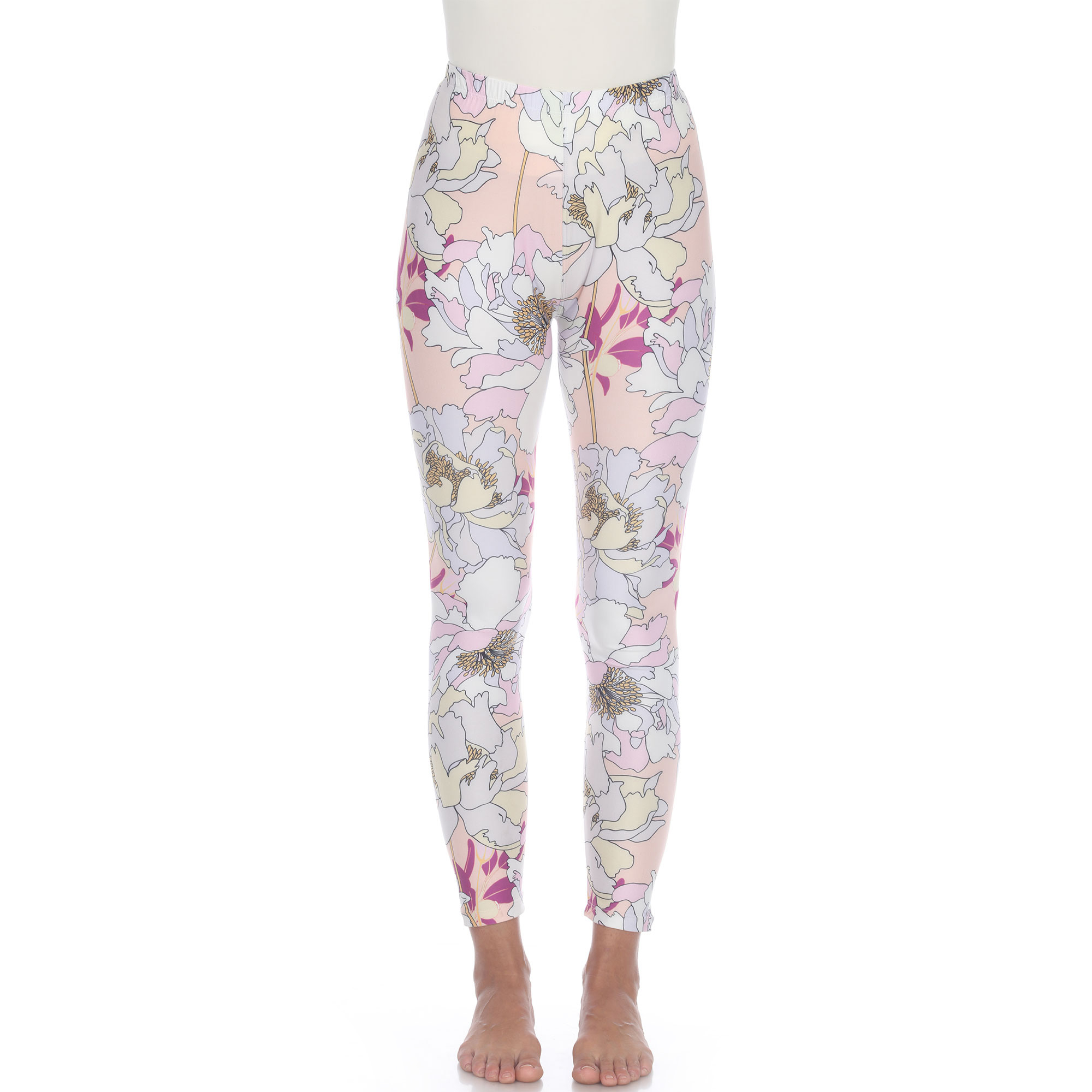 White Mark Women's Tropical Print Stretch Leggings - Coral Pink Flower, Plus Size