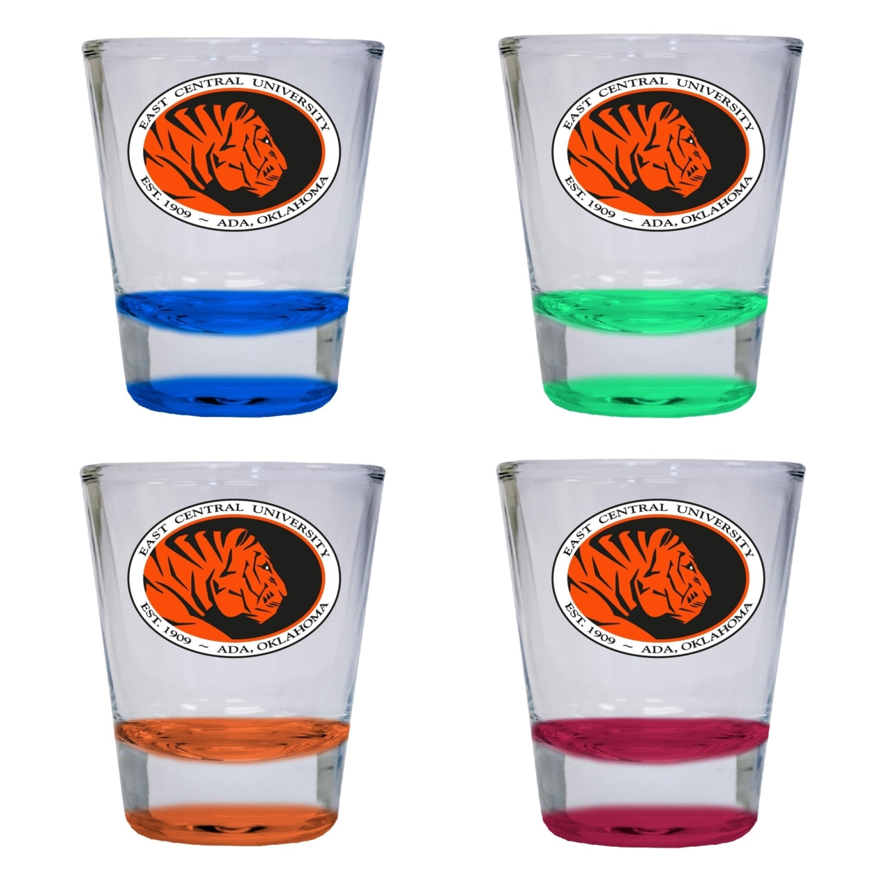 East Central University Tigers 2 Ounce Color Etched Shot Glasses - All Colors, 4-Pack