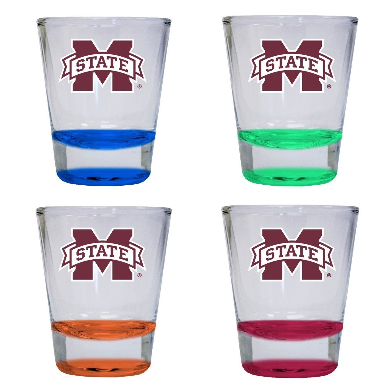 Mississippi State Bulldogs 2 Ounce Color Etched Shot Glasses - All Colors, 4-Pack