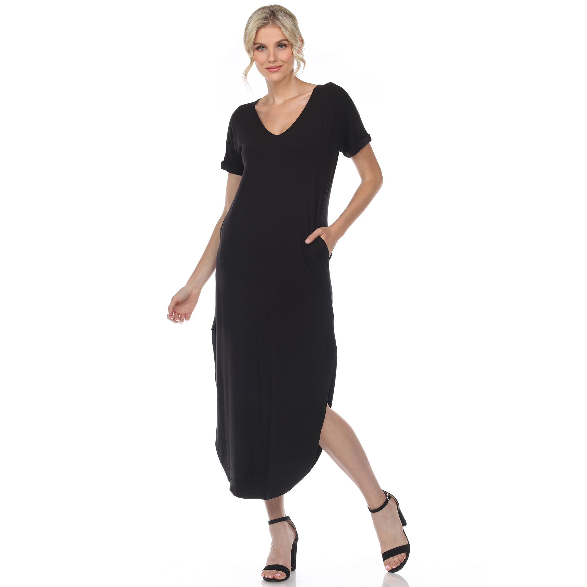 White Mark Women's Short Sleeve V-neck Maxi Dress - Black, Medium