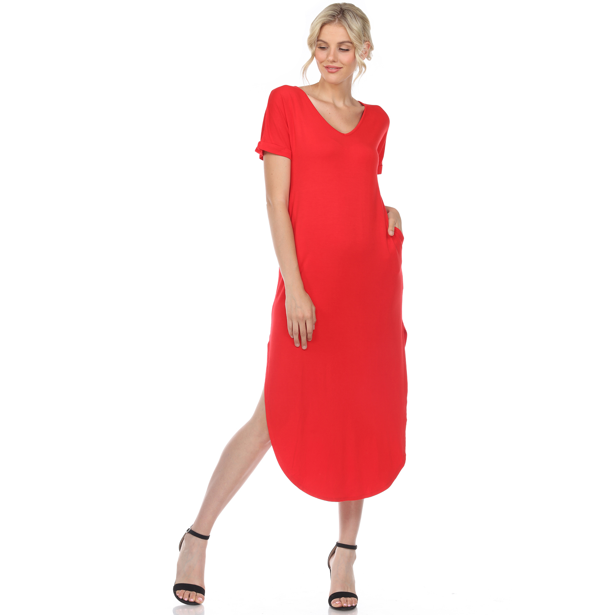 White Mark Women's Short Sleeve V-neck Maxi Dress - Red, Medium