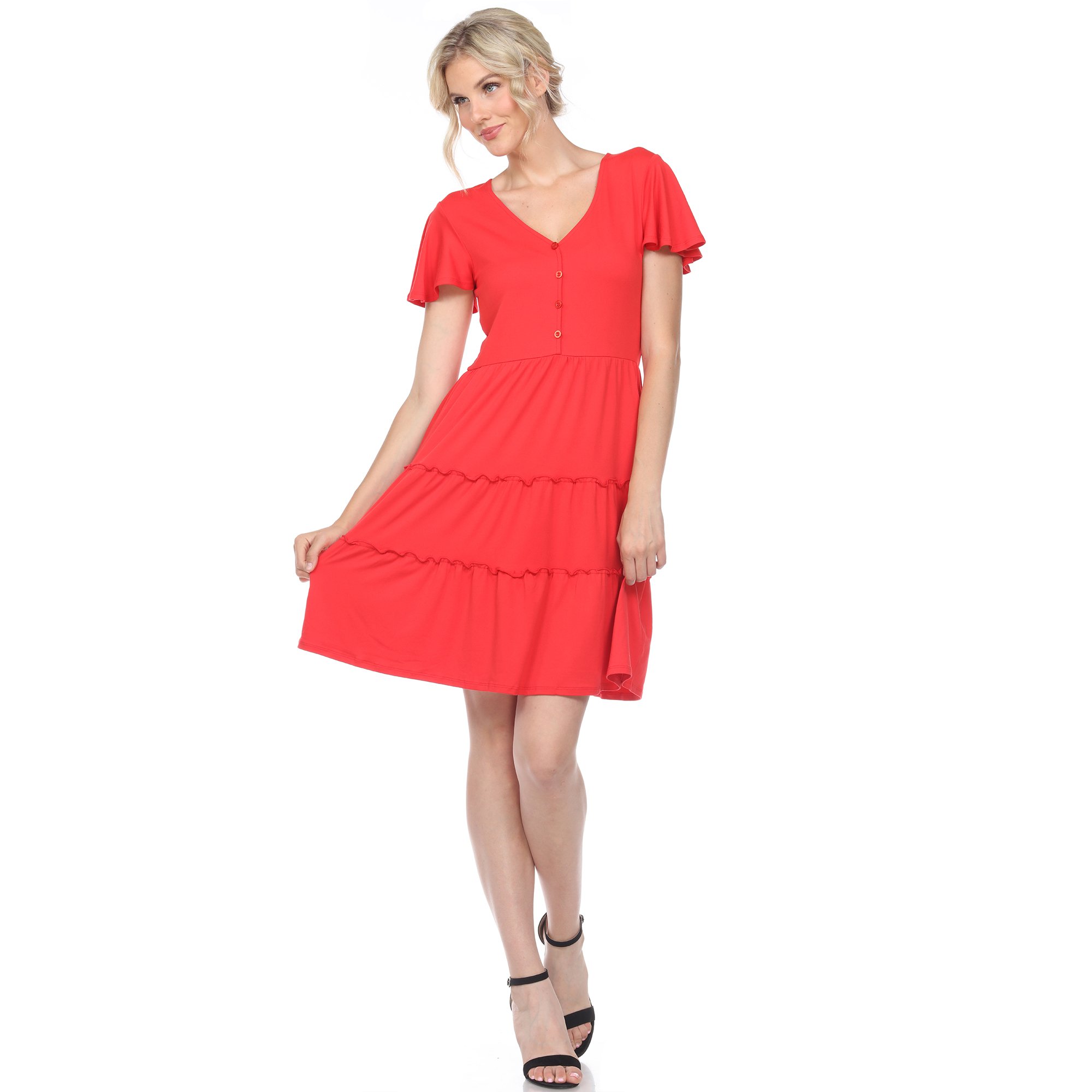 White Mark Women's Short Sleeve V-neck Tiered Dress - Red, Medium