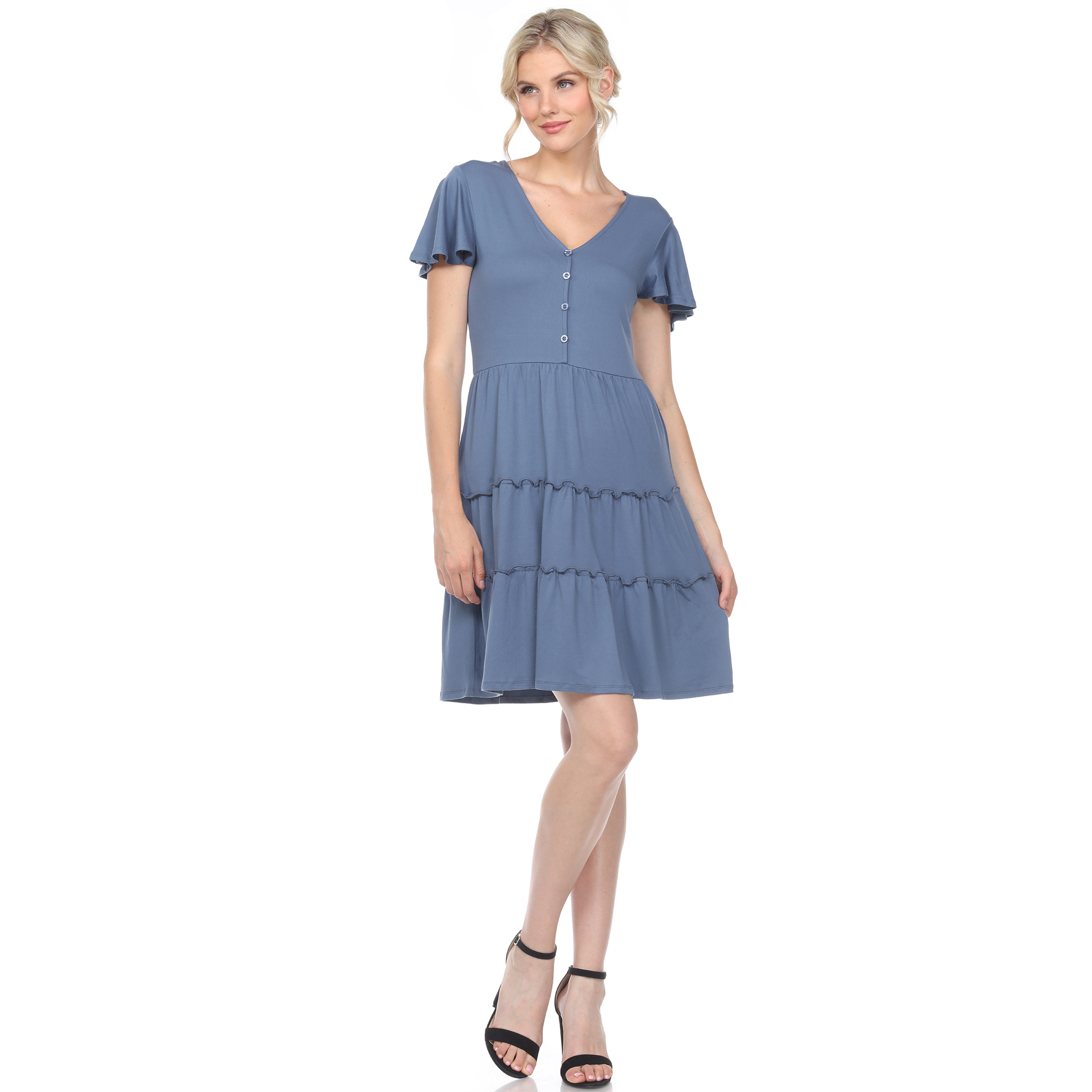 White Mark Women's Short Sleeve V-neck Tiered Dress - Blue, X-Large