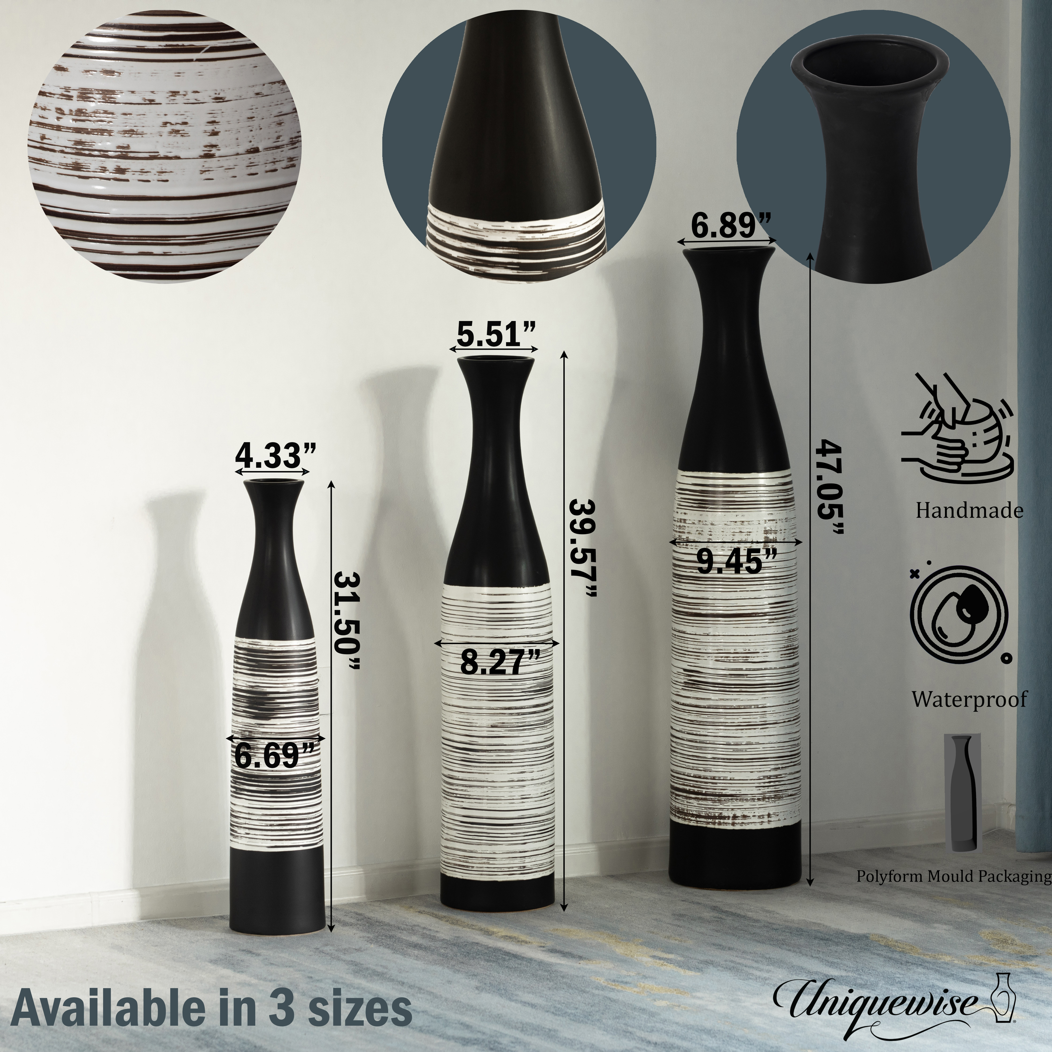Handcrafted Black And White Waterproof Ceramic Floor Vase - Neat Classic Bottle Shaped Vase, Freestanding Floor Vase - 47 In Tall