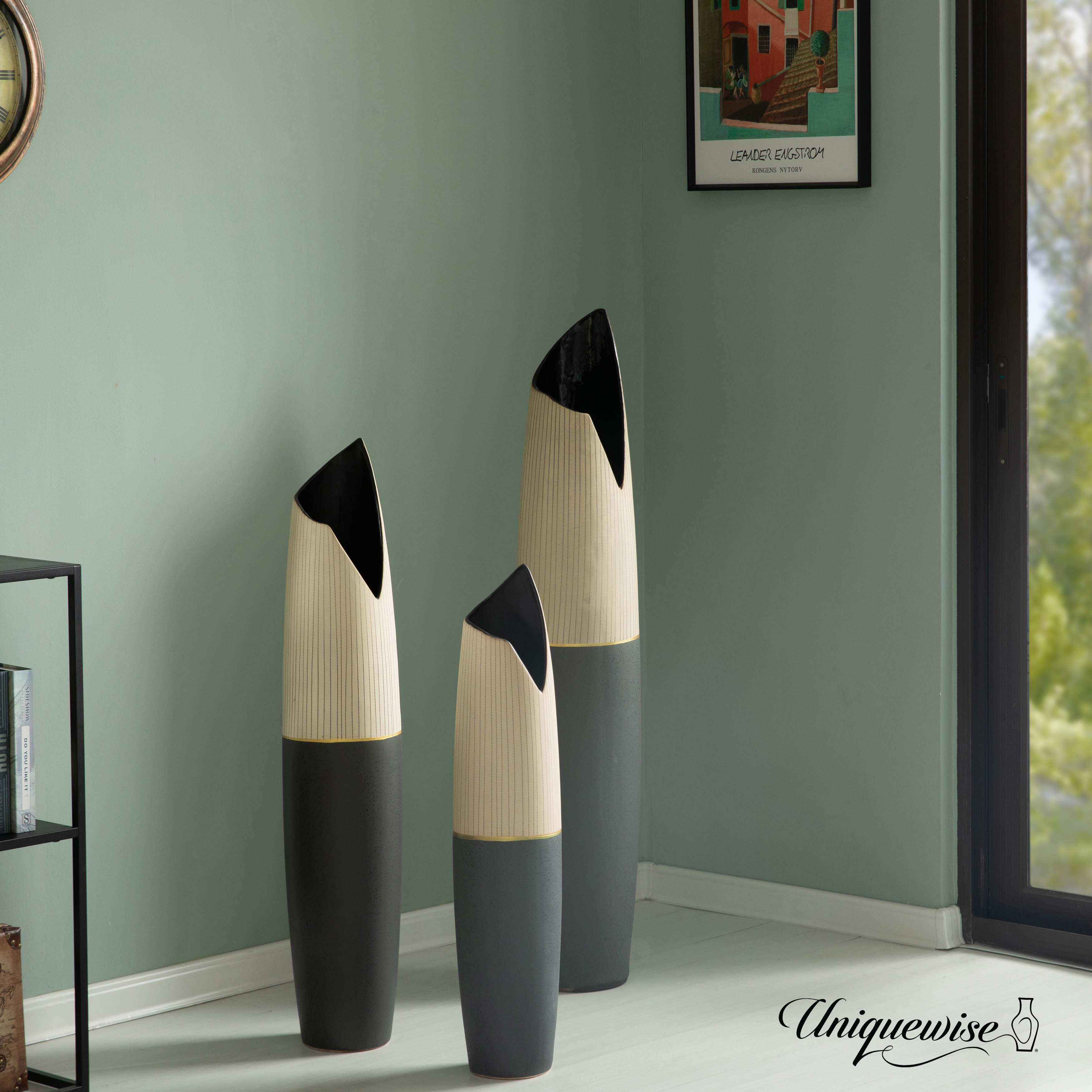 Tall Freestanding Ceramic Floor Vase - Handcrafted Beige Polka Dot Striped Top And Black Bottom, Large Waterproof Vase - 45 In Tall