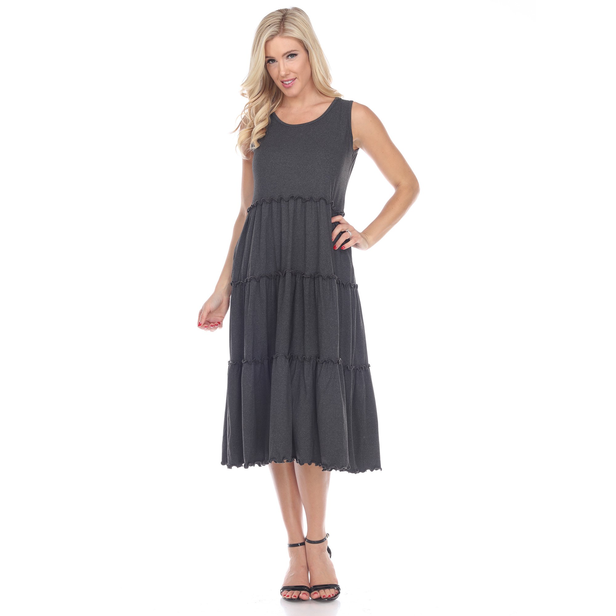 White Mark Women's Scoop Neck Tiered Midi Dress - Charcoal, Large