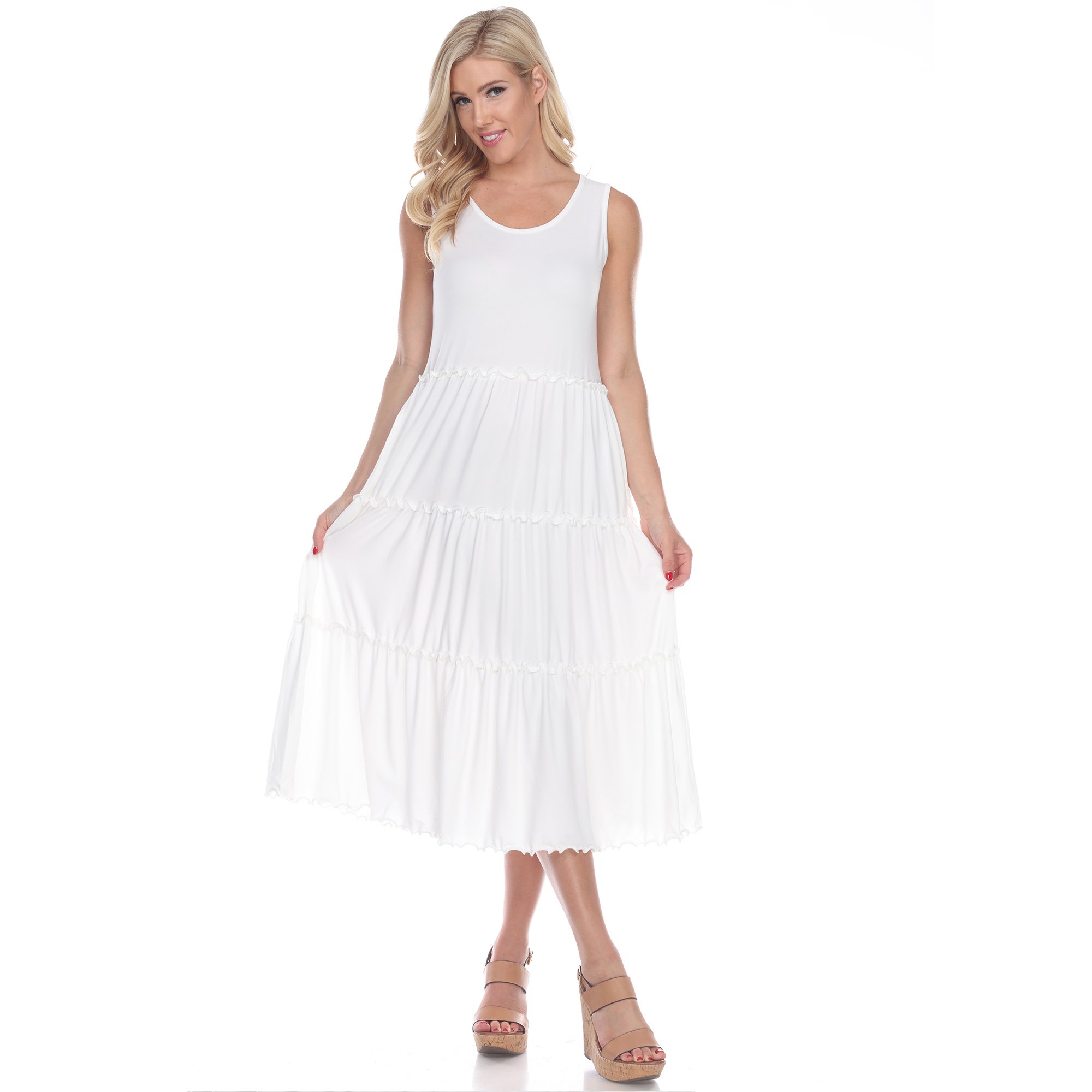 White Mark Women's Scoop Neck Tiered Midi Dress - White, 3X