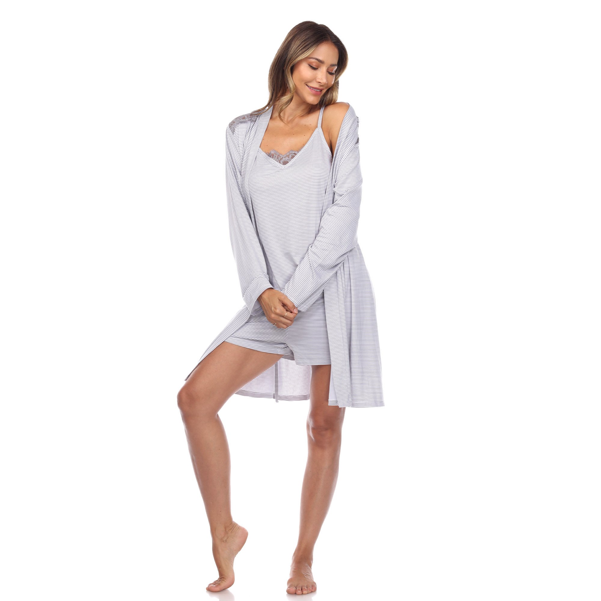 White Mark Women's 3-Piece Striped Camo Top, Shorts & Robe Matching Pajama Set - Grey, Small