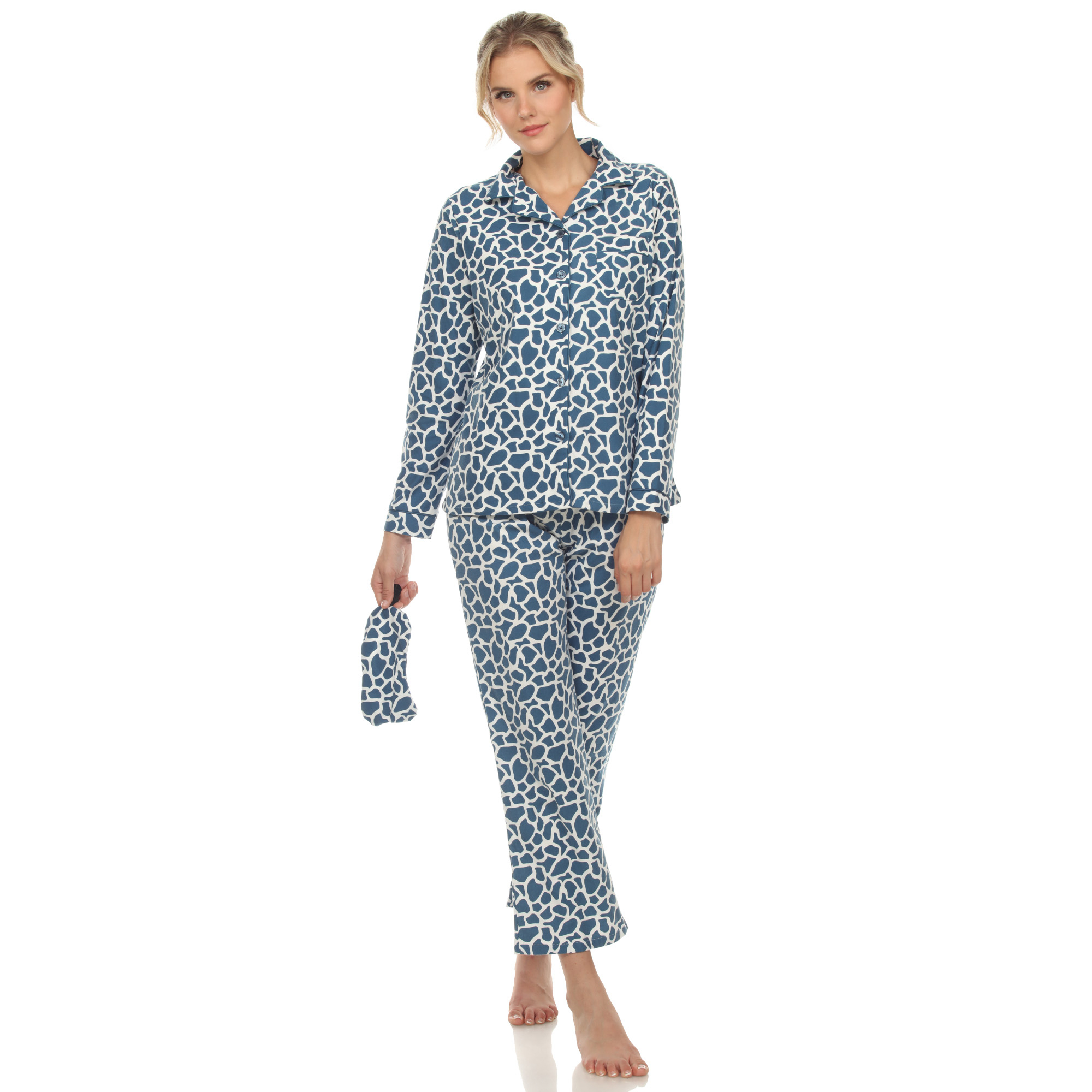 White Mark Women's Animal Print Three-Piece Pajama Set - Blue Giraffe, 1X