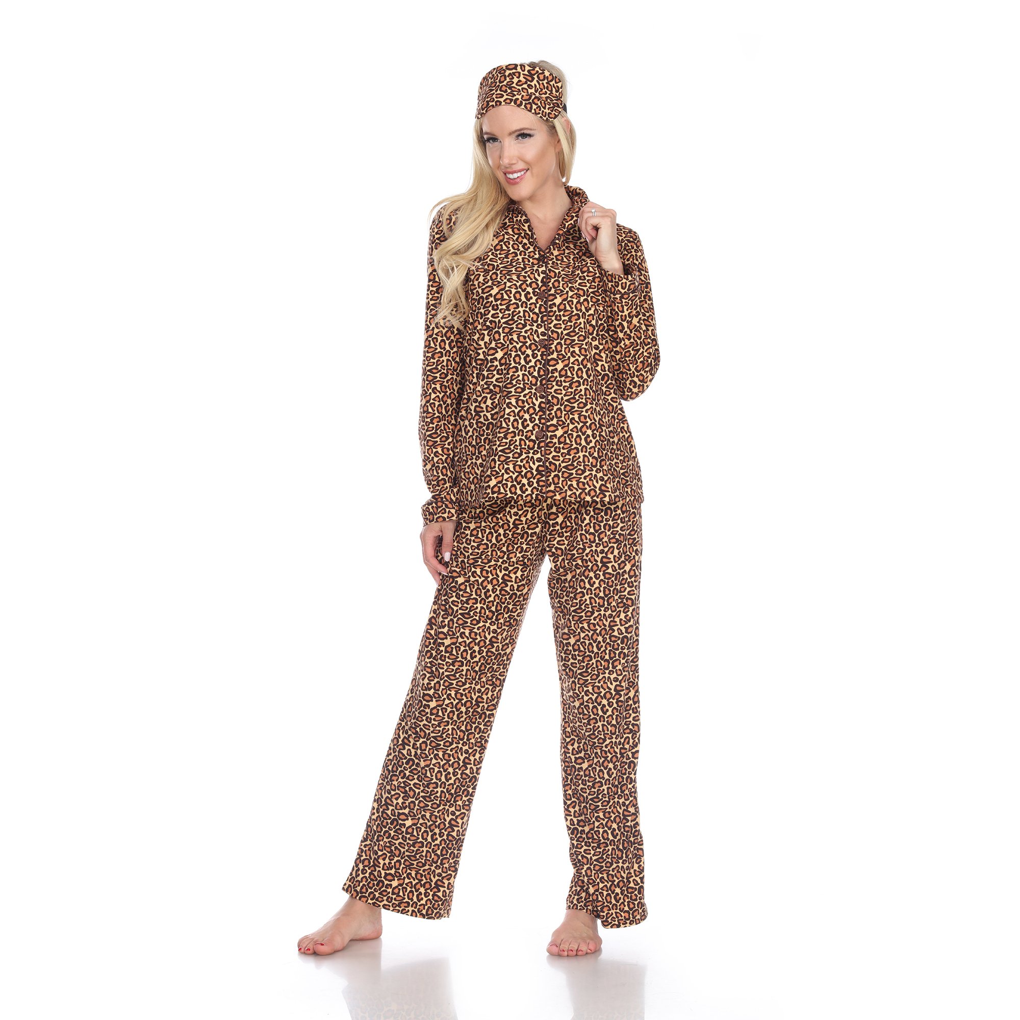White Mark Women's Animal Print Three-Piece Pajama Set - Brown Cheetah, Large