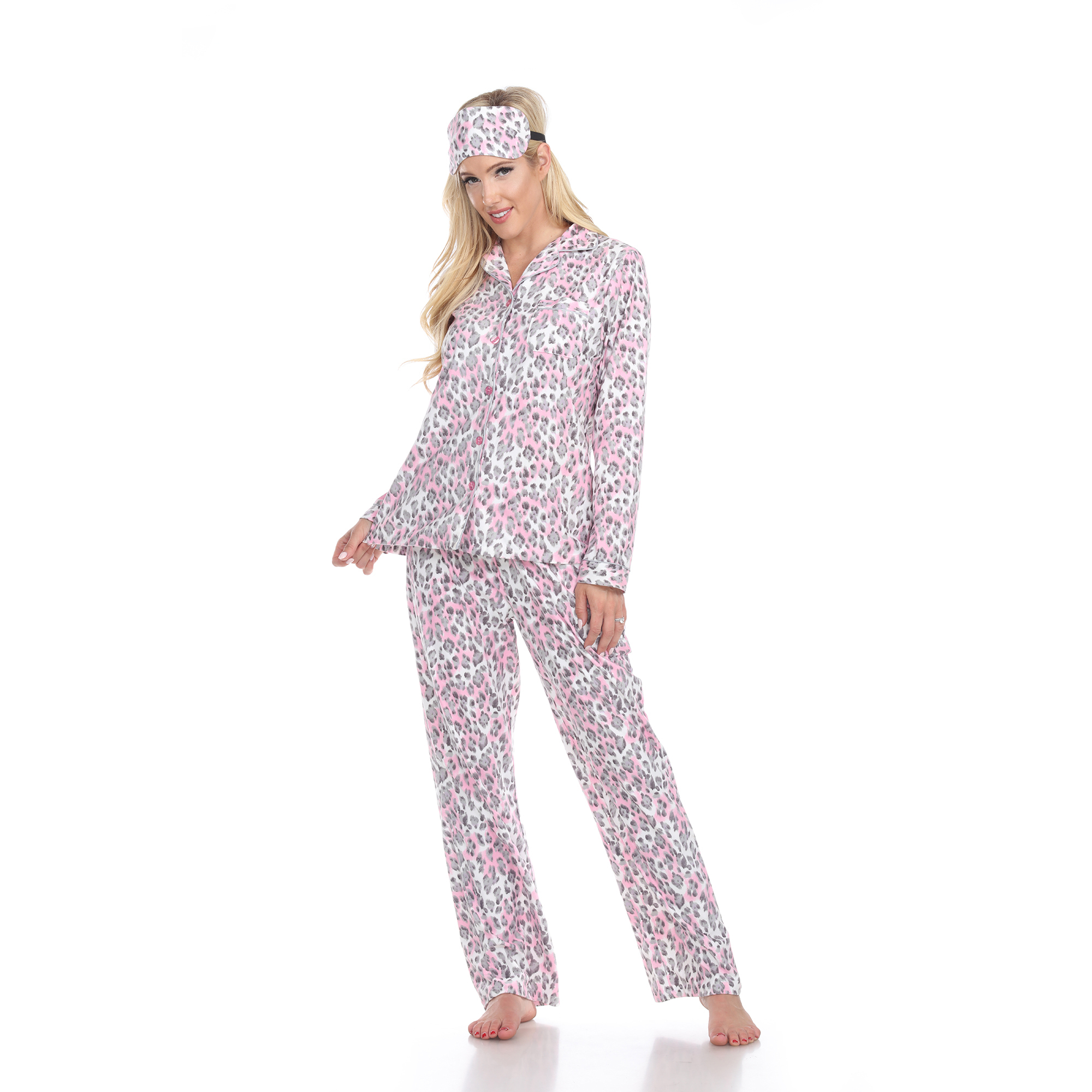 White Mark Women's Animal Print Three-Piece Pajama Set - Grey Cheetah, Small