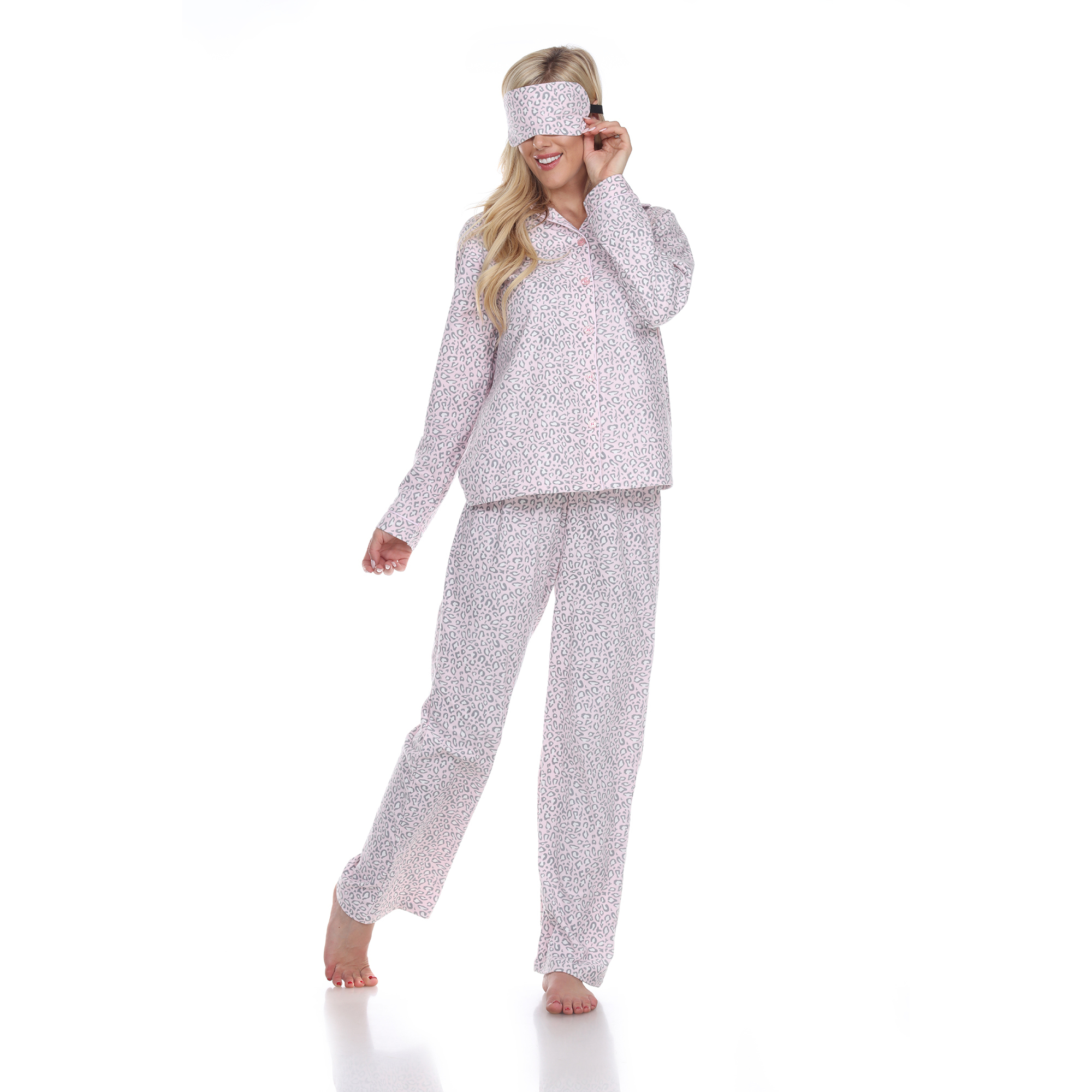 White Mark Women's Animal Print Three-Piece Pajama Set - Pink Cheetah, Small