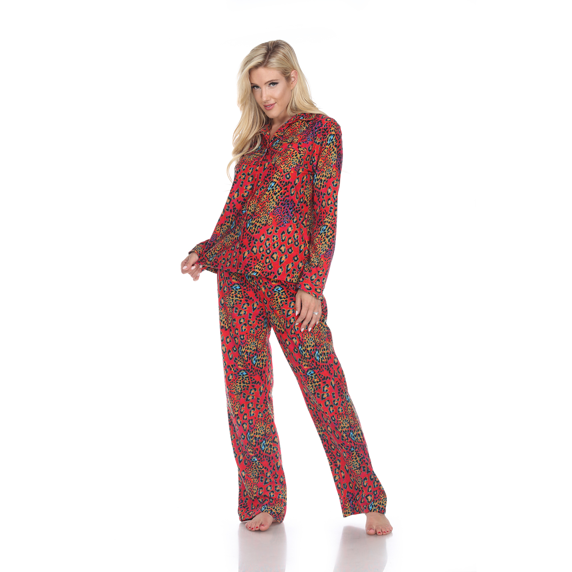White Mark Women's Animal Print Three-Piece Pajama Set - Red Leopard, Small