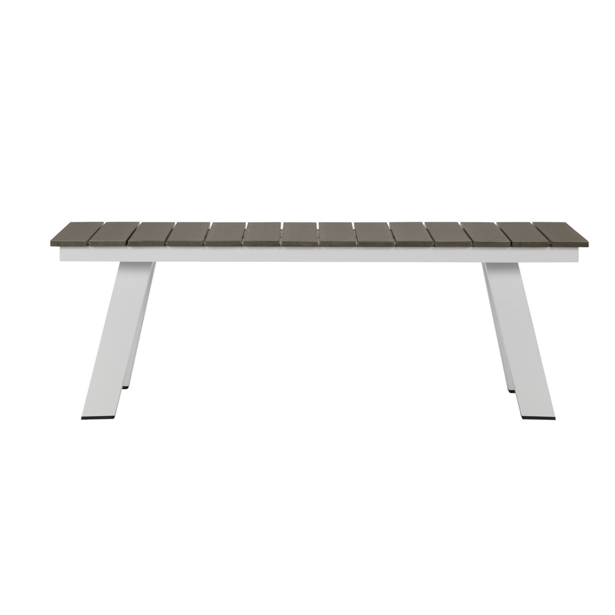 Zia 54 Inch Outdoor Dining Bench, Gray Polyresin Top, White Aluminum Frame- Saltoro Sherpi