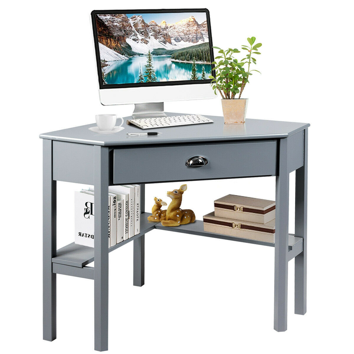 Corner Computer Desk Laptop Writing Table Workstation W/ Drawer & Shelves Brown/White/Gray - Gray