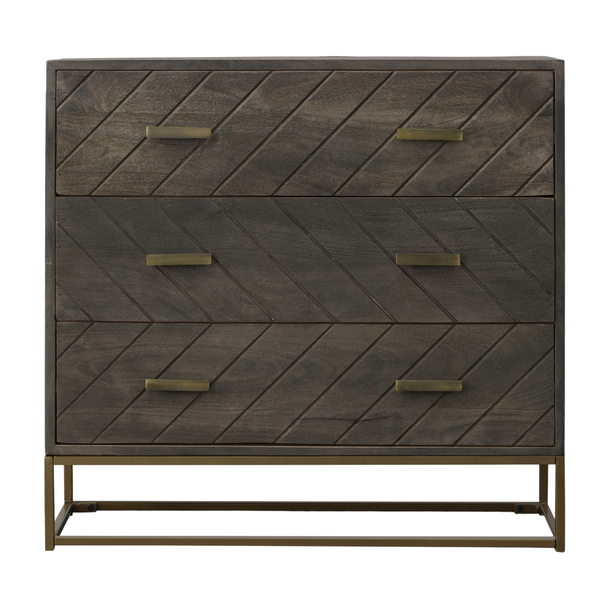 Roy 32 Inch 3 Drawer Mango Wood Dresser Chest, Rustic Bronze Metal Frame, Gray- Saltoro Sherpi